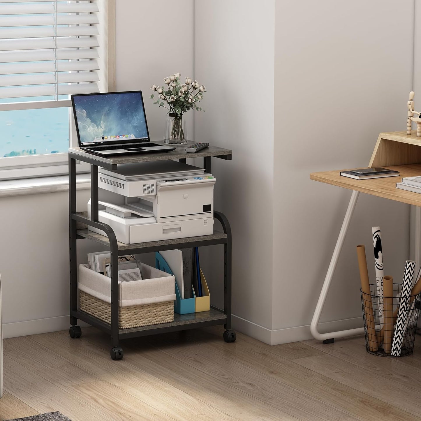 Printer Stand with Height Adjustable Storage Shelf, 3 Tier Mobile Printer Table with Wheels, Rolling Printer Cart for Home Office Organization, Gray
