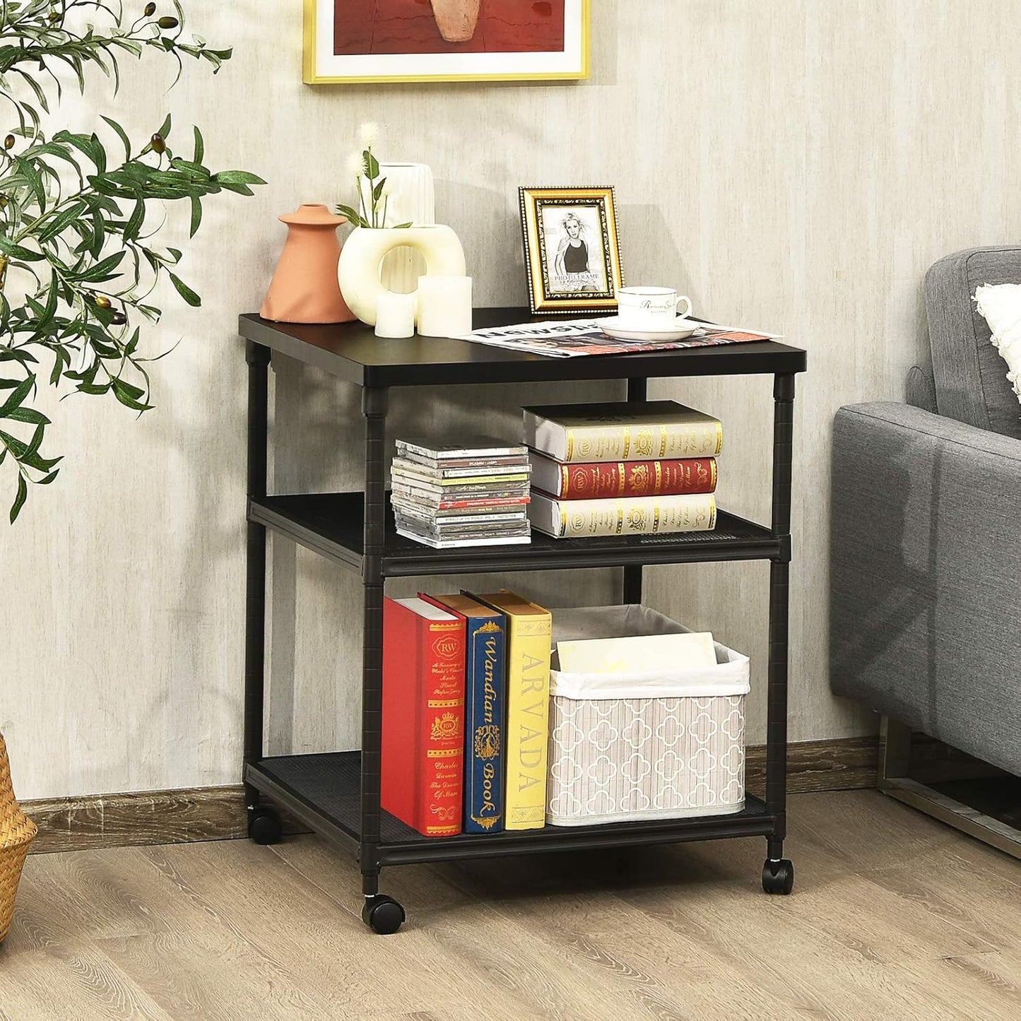 Tangkula 3-Tier Printer Stand Printer Cart, Multifunctional Utility Cart w/Ample Storage Space, 360° Swivel Rolling & Lockable Wheels, Sturdy Iron Frame, Adjustable Heights, Organizer for Office