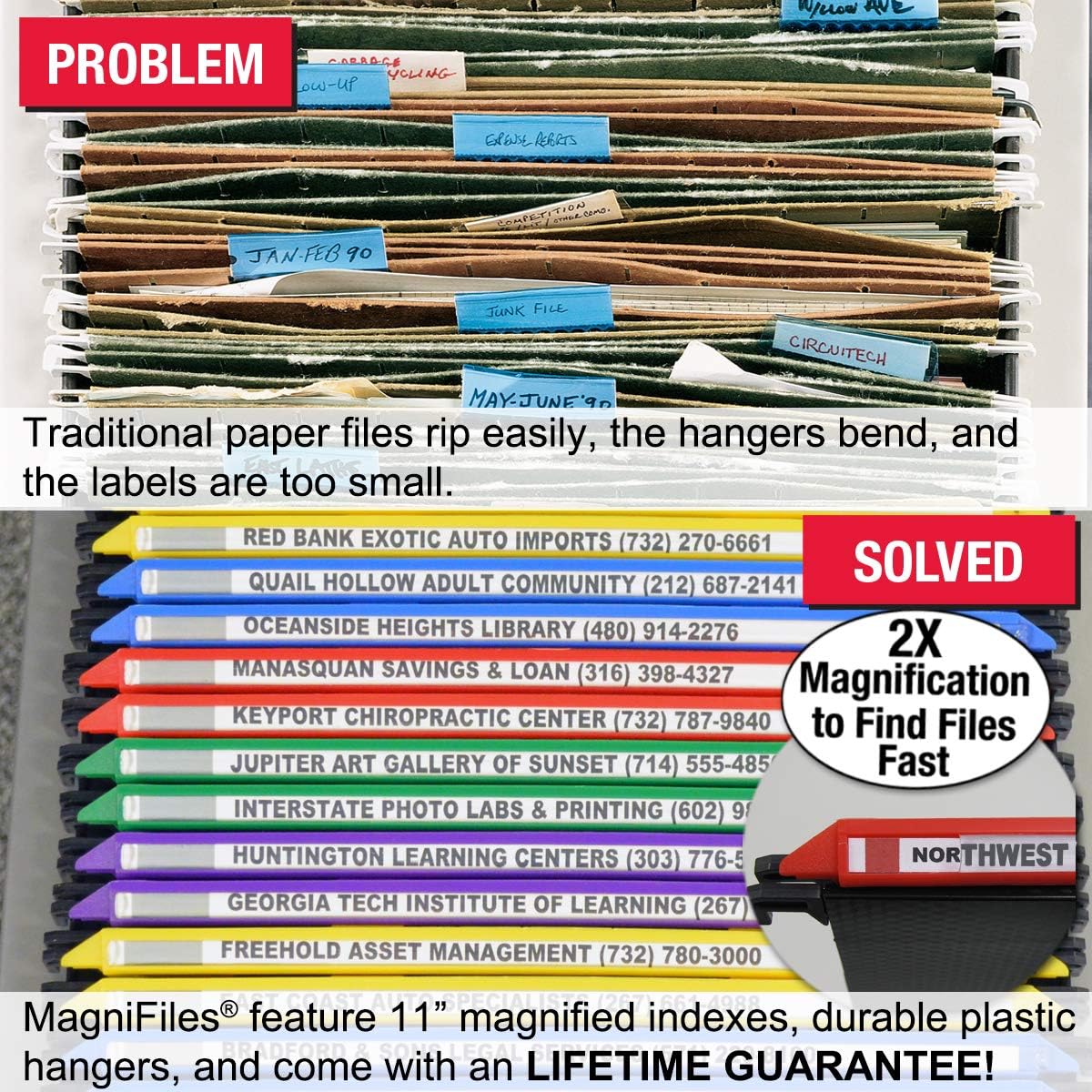 Ultimate Office MagniFile Hanging File Folders V Base Letter Size with 11 inch Magnified Indexes That Double The Size of Your File Titles to Find Files Fast. (Set of 5 Assorted)