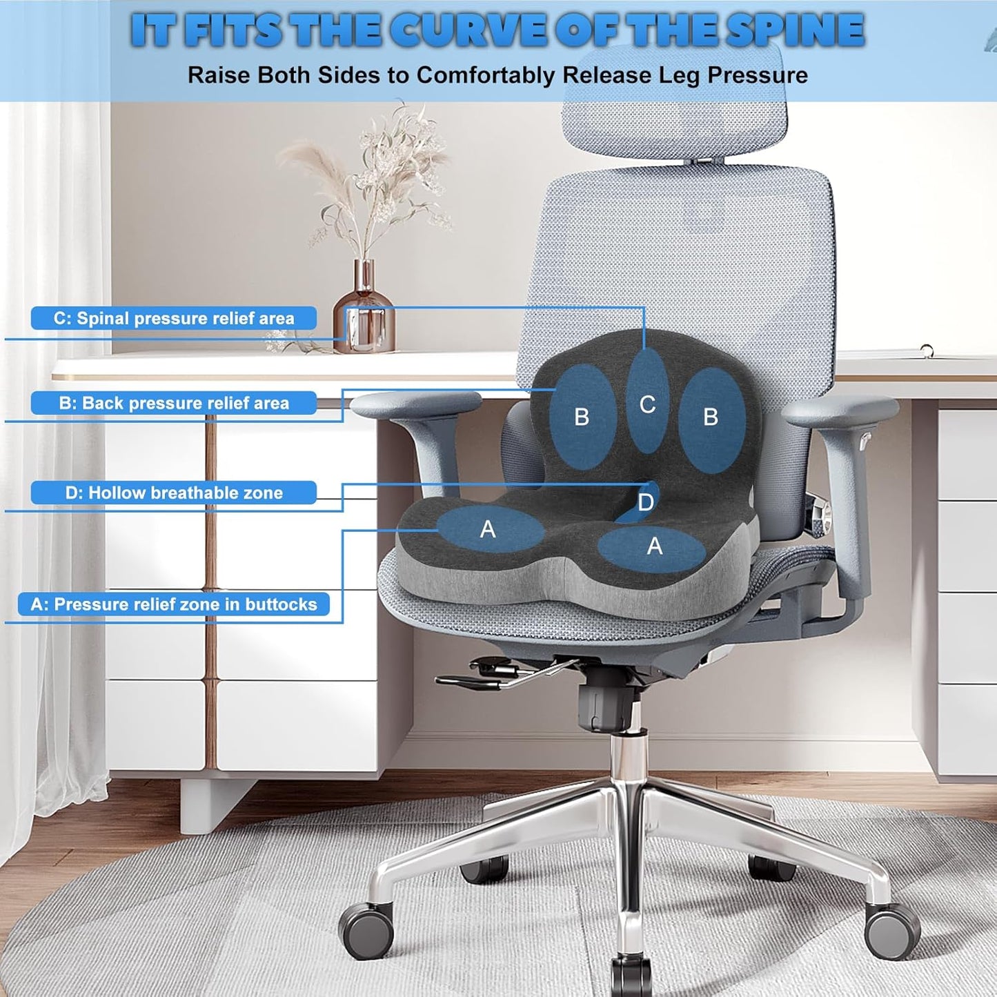 Buttocks Cushion for Office Chair Memory Foam Seat Pad for Butt Support Tailbone Relief Ergonomic Chair Cushion for Home Car Travel or Work (Blue and Gray Patchwork Color)