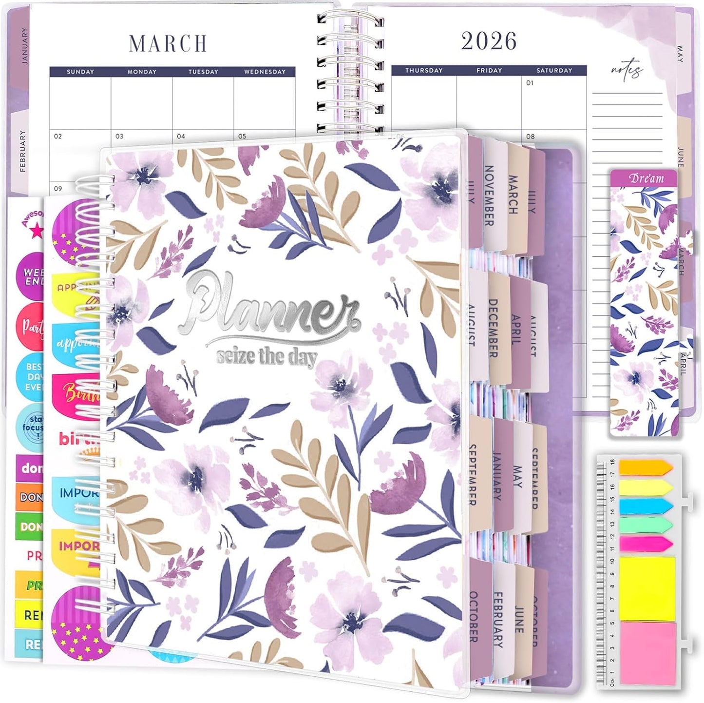 Planner 2025-2026, 18 Months Large Academic Daily Weekly Monthly Planner Organizer, July. 2025 - Dec. 2026, 8.5x9.8" Agenda with Page Tabs, Separator Page, Pocket Folder, Bookmark, Stickers & Sticky Note Set