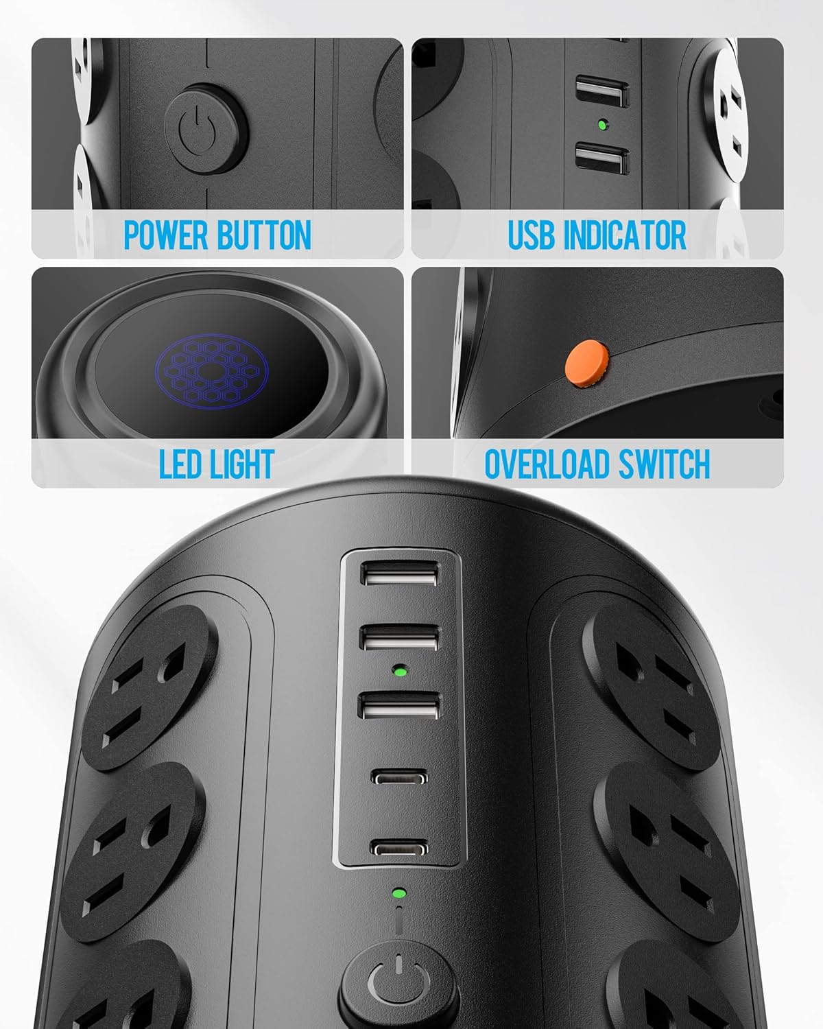 Heavy Duty Power Strip Tower with 16 Outlets and 5 USB Ports (2 USB-C), TenTrend 1500J Surge Protector with Multiple Outlets, 6 FT Extention Cord for Home Office Desk, Dorm Room Essentials Black