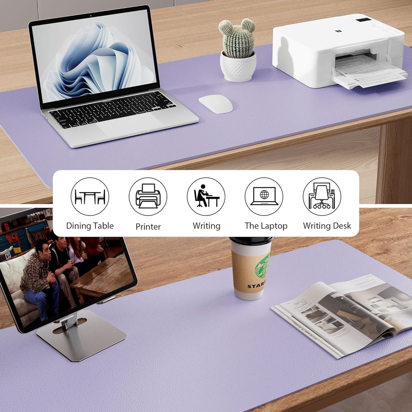 Leather Desk Pad Protector, Mouse Pad, Office Desk Mat, Non-Slip PU Leather Desk Blotter, Laptop Desk Pad, Waterproof Desk Writing Pad for Office and Home (48"x17", Lavender)