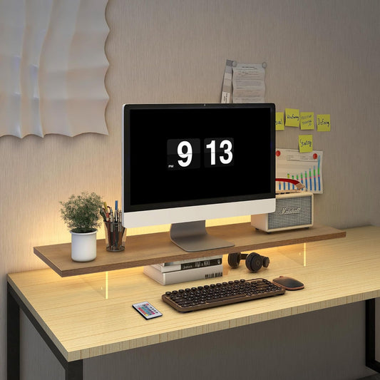 Monitor Stand Riser,Wood & Acrylic Computer Monitor Stand with LED Light,Desk Accessories Desktop Organizer Stand for Computer,Laptop,Printer,PC & TV Screen