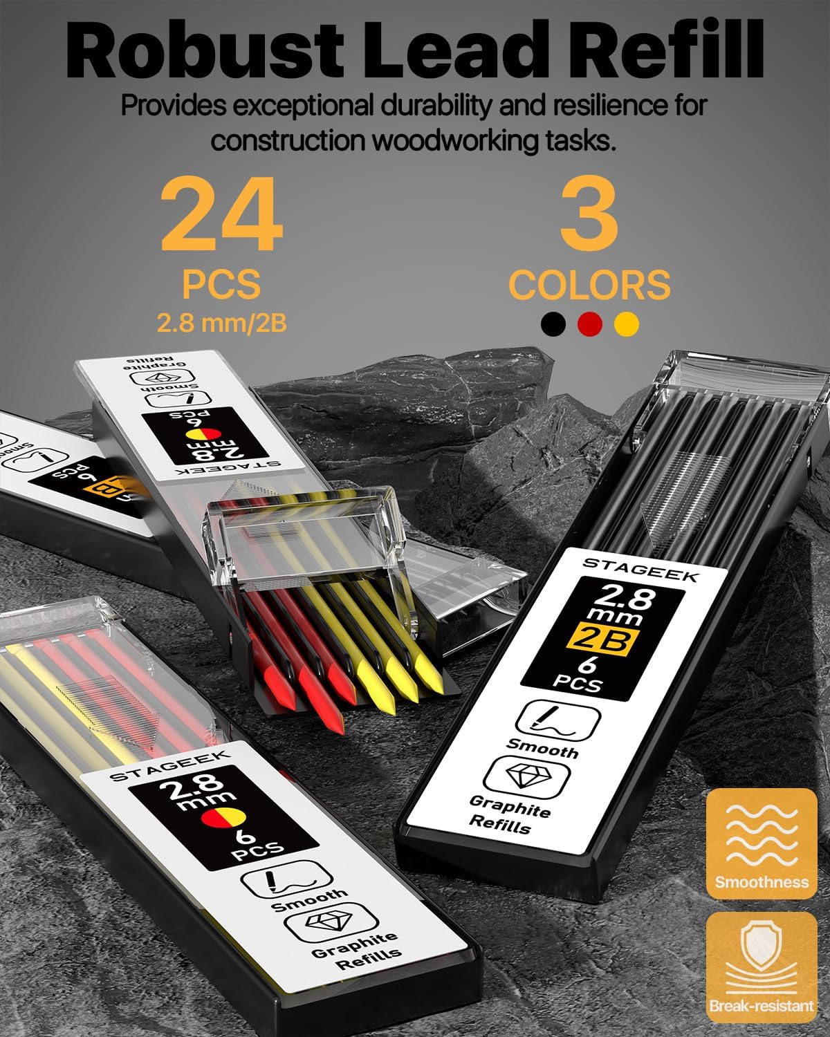 2PCS Carpenter Pencils with Sharpener, Heavy Duty Woodworking Tools, Mechanical Pencil Set with 26 Refills, Deep Hole Long Nib Marker Pens for Architect Marking with Case (Black, Red)