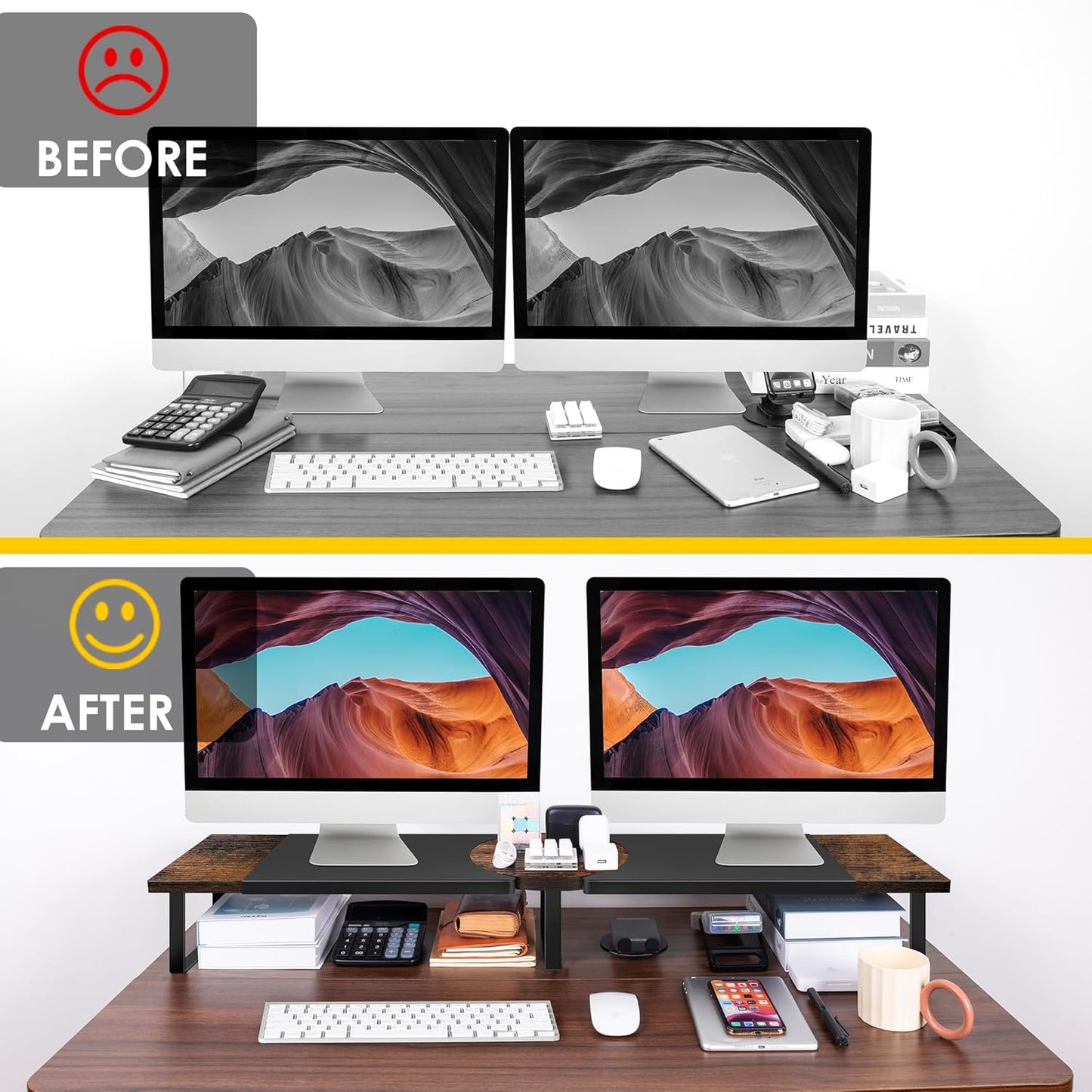 Dual Monitor Riser Stand For Desk, Adjustable Computer Monitor Stand For 2 Monitors, Shelf Riser For Desktop Organizer, For TV Laptop Printer