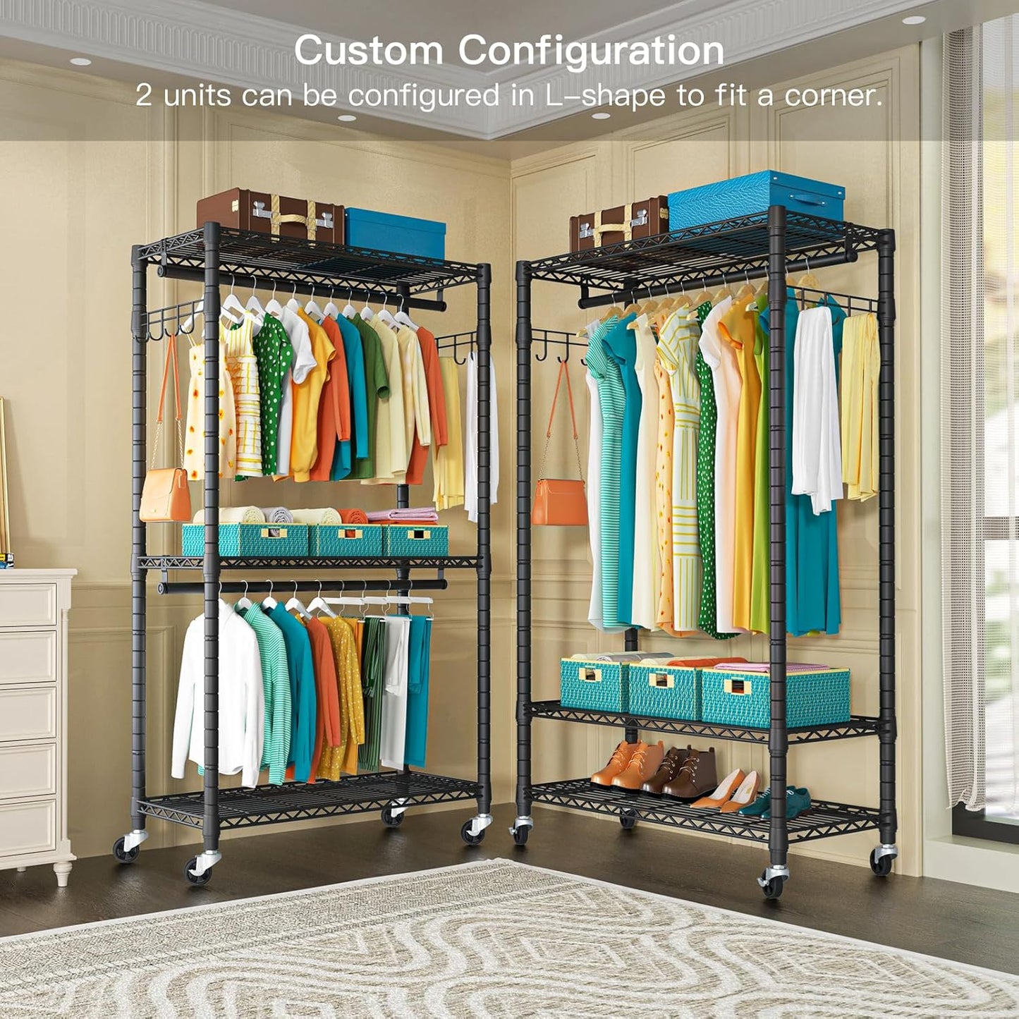 P1 Heavy Duty Garment Rack, 3 Tiers Adjustable Rolling Metal Closet Organizer with Lockable Wheels, FreeStanding Wardrobe with Double Hanger Rods & 1 Pair Hooks, Max Load 450 LBS, Black