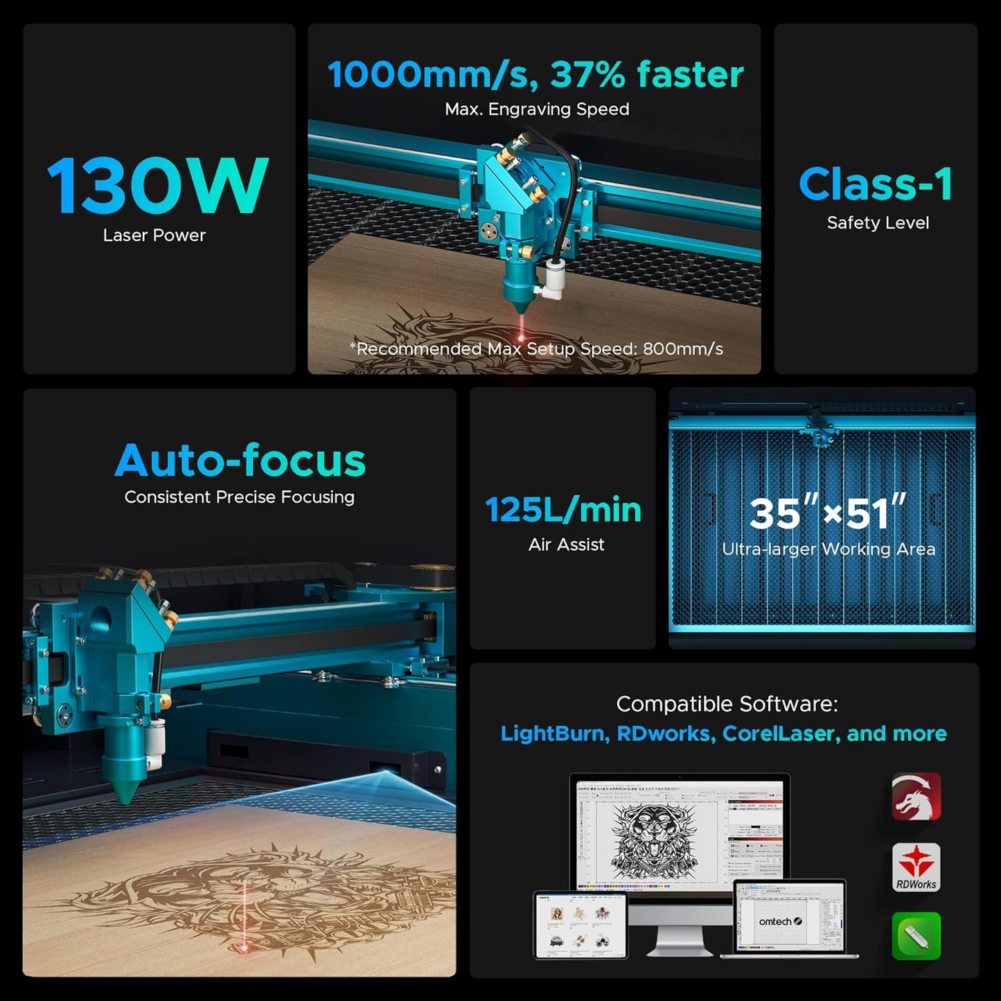 OMTech Pronto 130W CO2 Laser Engraver & Cutter – 51"x35" Workspace, 1,000mm/s Speed, Autofocus, 2-Way Pass, Air Assist, for Wood, Acrylic & More