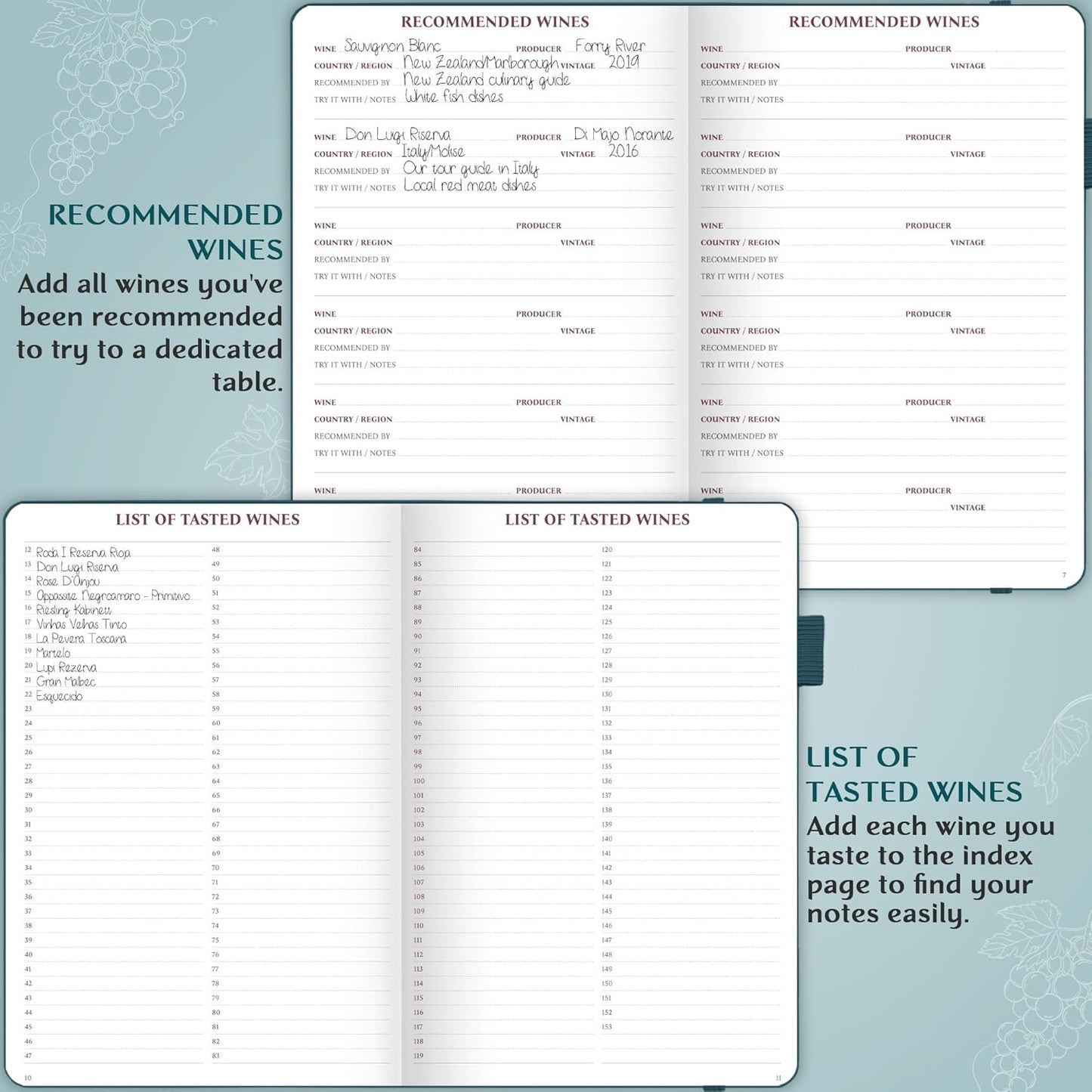 Legend Wine Tasting Journal – Wine Guide & Diary – Unique Accessories & Gifts for Wine Lovers, Women & Men, Eco Leather Notebook (Deep Sea)