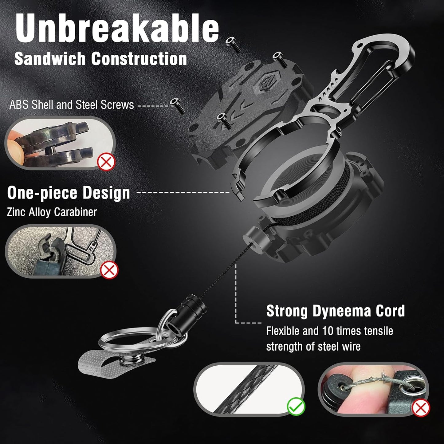 1Pack Heavy Duty Retractable Keychain, Tactical ID Badge Holder Reel Carabiner Clip with Magnetic Closure for Men, Unbreakable Sandwich Construction with 31" Dyneema Cord, Bearing 25oz