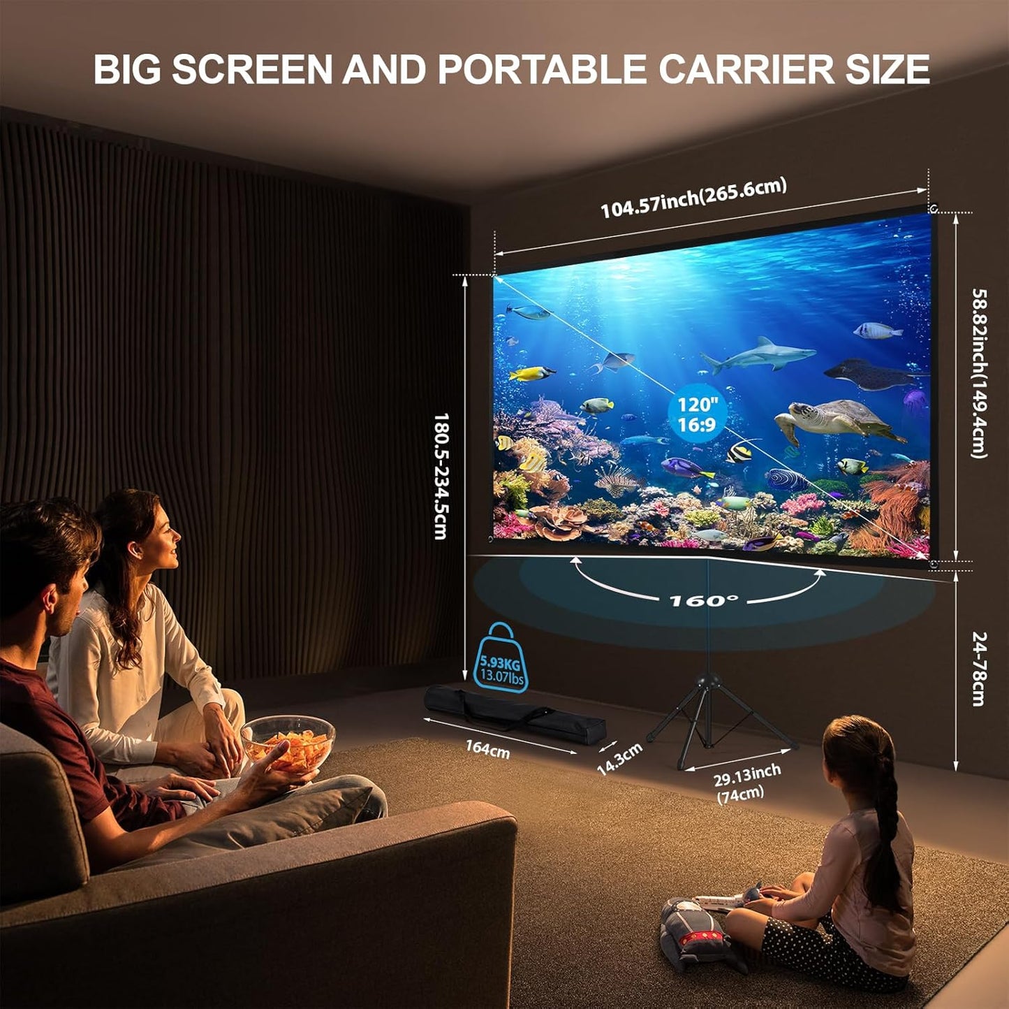 Projector Screen and Stand, Portable Projector Screen, 120 Inch 16:9, Outdoor Projection Screen, 1.2 Gain, 160 Degree View Angle, 2 Mounting Modes, Fast Setup, Idea for Home Cinema, Backyard Party.