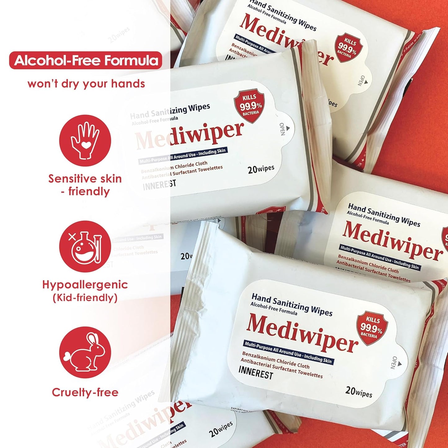 MEDIWIPER 80ct Alcohol-Free Hand Sanitizing Wipes Unscnted Wet Wipe, Hand Sanitizer (80 Wipes (80 * 1))
