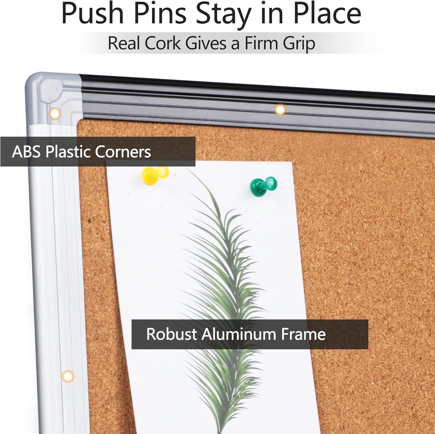 Board2by Cork Board Bulletin Board 24" x 18", Black/Sliver Aluminium Framed Corkboard, Office Board for Wall Decor, Large Wall Mounted Notice Pin Board with 18 Push Pins for School, Home & Office