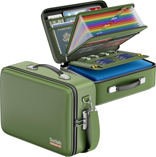DocSafe Fireproof Document Box with Lock, Hard Case File Organizer with Accordion File Folder, Fireproof Water Resistant Safe Box Home Office Travel Storage for Important Documents Laptop Green