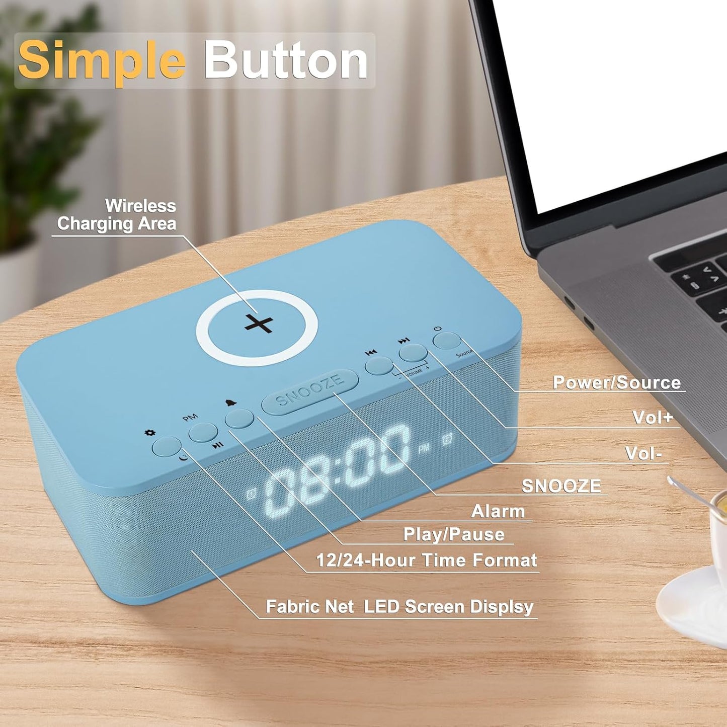 Alarm Clocks Large Snooze Button, Digital Clock USB Charger Port, Bluetooth Speaker Alarm Clock Bedroom AUX USB Bluetooth Speaker Wireless Charging 12/24H Dual Alarms Snooze Dimmer Sleep Timer, Blue
