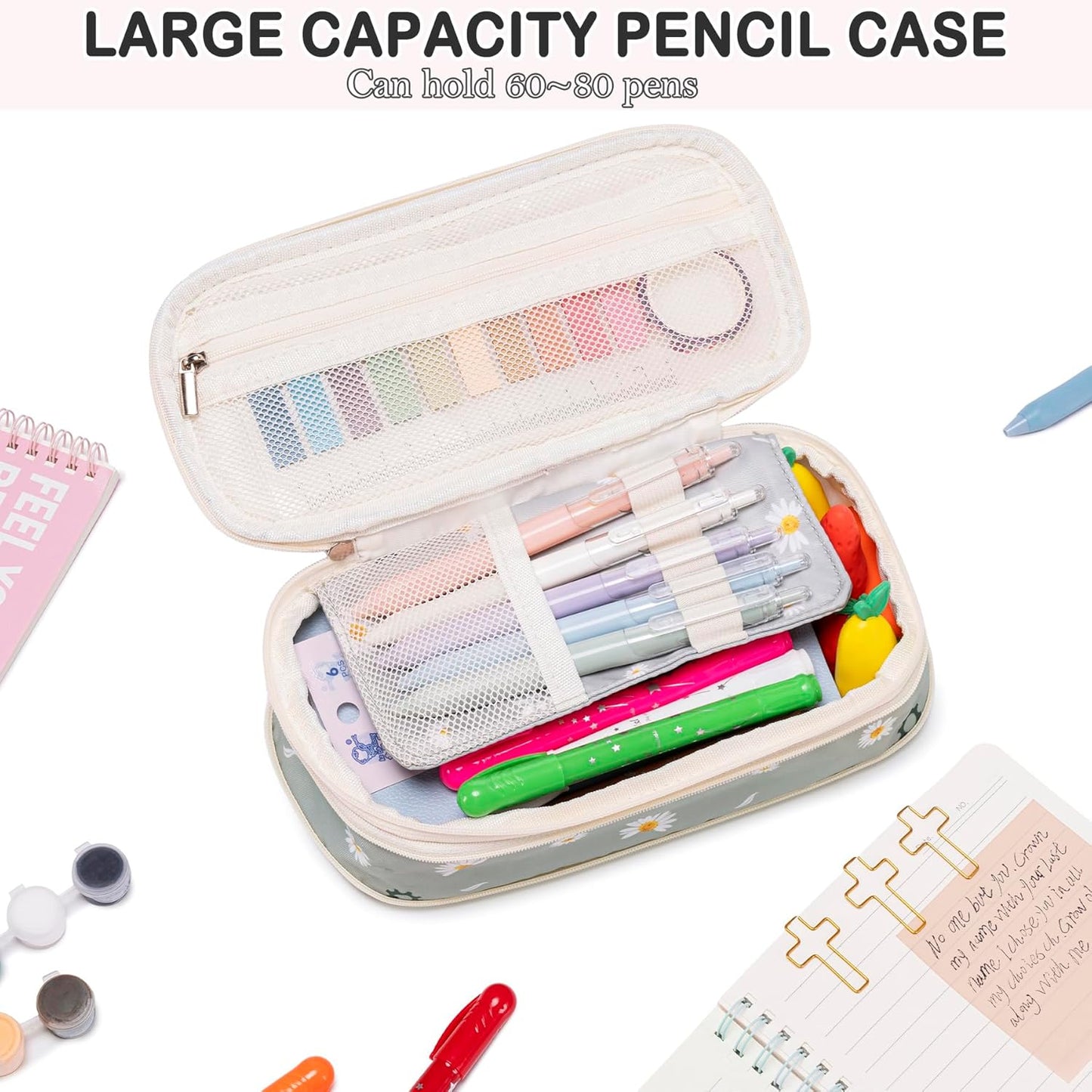 Bible Journaling Supplies for Women - Complete Kit with Pencil Bag, 12 Highlighters For Bibles That Do Not Bleed,16 Pens, 75 Tabs, A5 Notebook - Christian/Catholic Gifts, Pink with Daisies