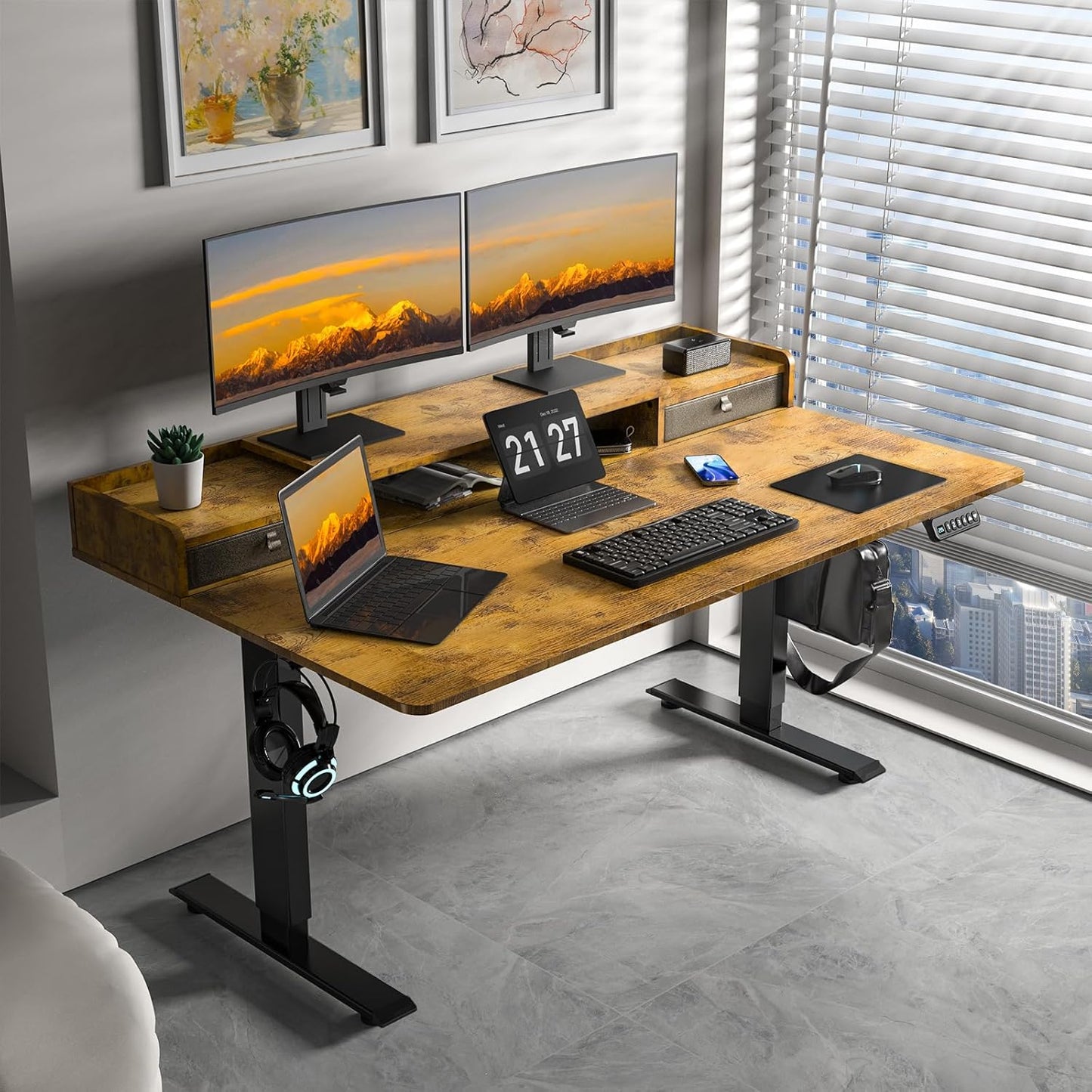 63 x 30 Inch Electric Standing Desk with 2 Drawers, Adjustable Height Widened Stand Up Desk with Storage, Sit to Stand Ergonomic Workstation for Home Office, Rustic Brown