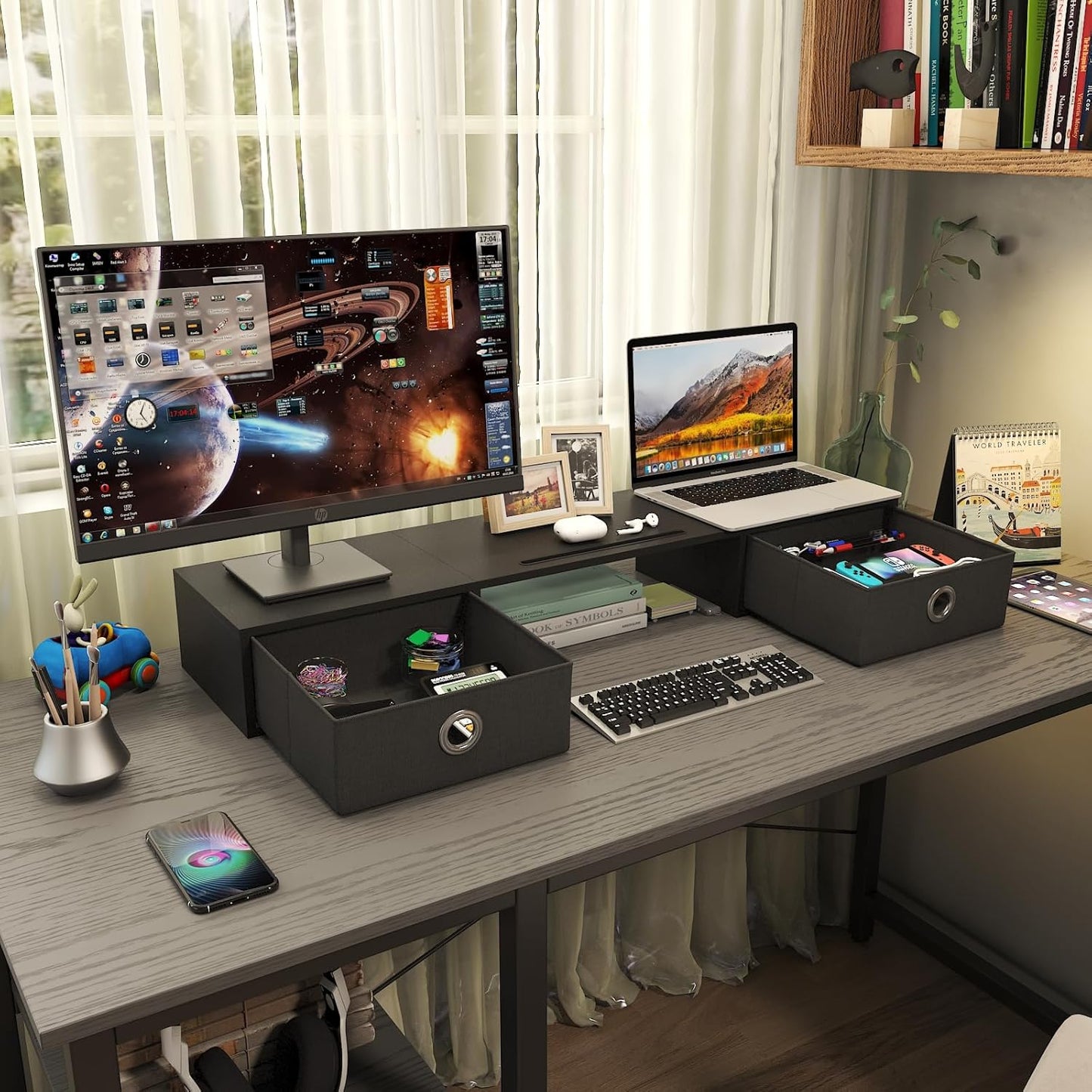 WESTREE Dual Monitor Stand Riser with Two Drawers, Extra Large Storage Monitor Stand for 2 Monitors, Desktop Oraganizer Stand for Computer,Laptop,Screen,Printer,TV