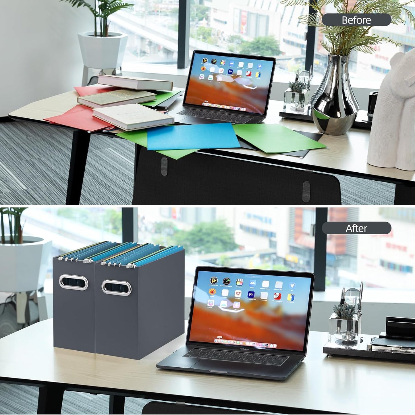 Oterri File Organizer - Small Cardboard Storage Box, Collapsible and Portable With Handle for Letter Size Files, Hanging Folder Box (Dark Grey, Letter Size - 6 Packs)