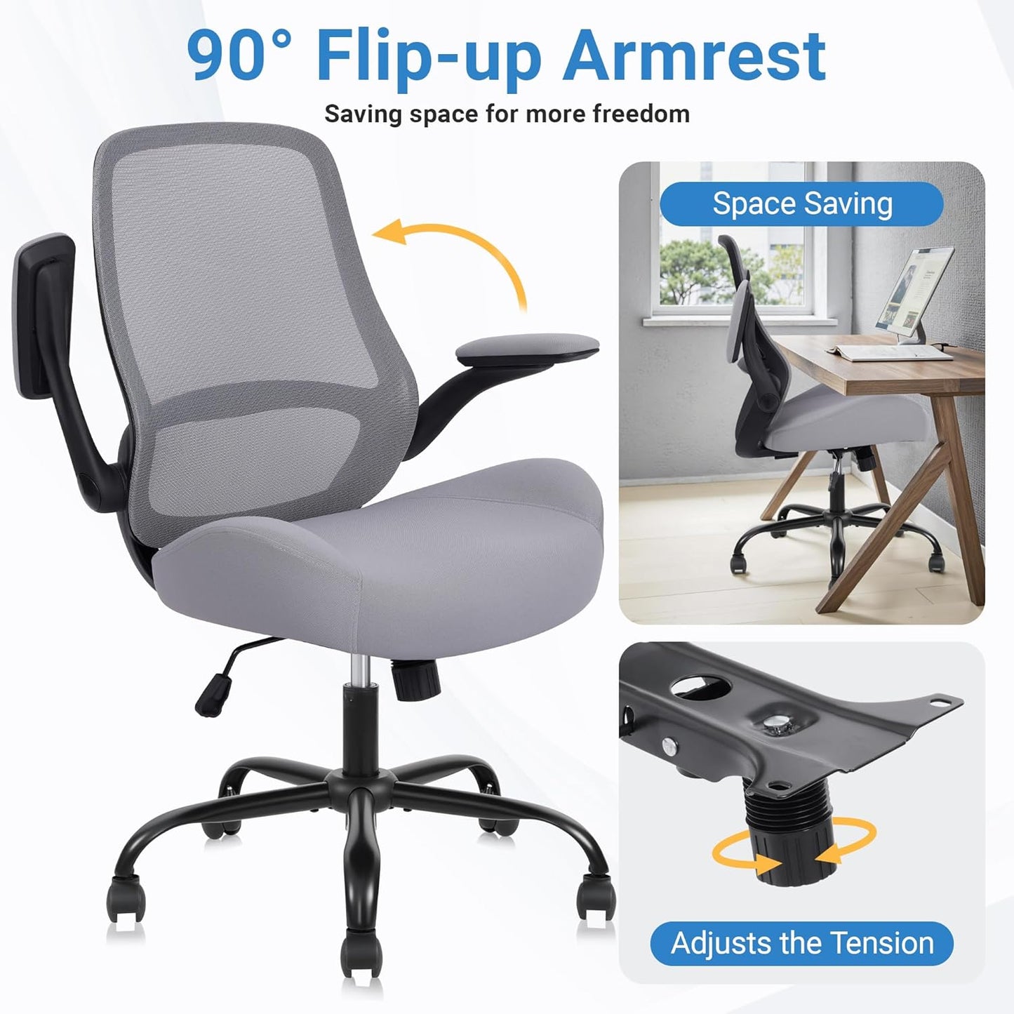 HYLONE Heavy Duty Office Chair, 5" Thickened Seat Ergonomic Desk Chair with Adjustable Armrests, Home Office Computer Chairs for Long Hours Mesh Executive Chair(Dark Grey)