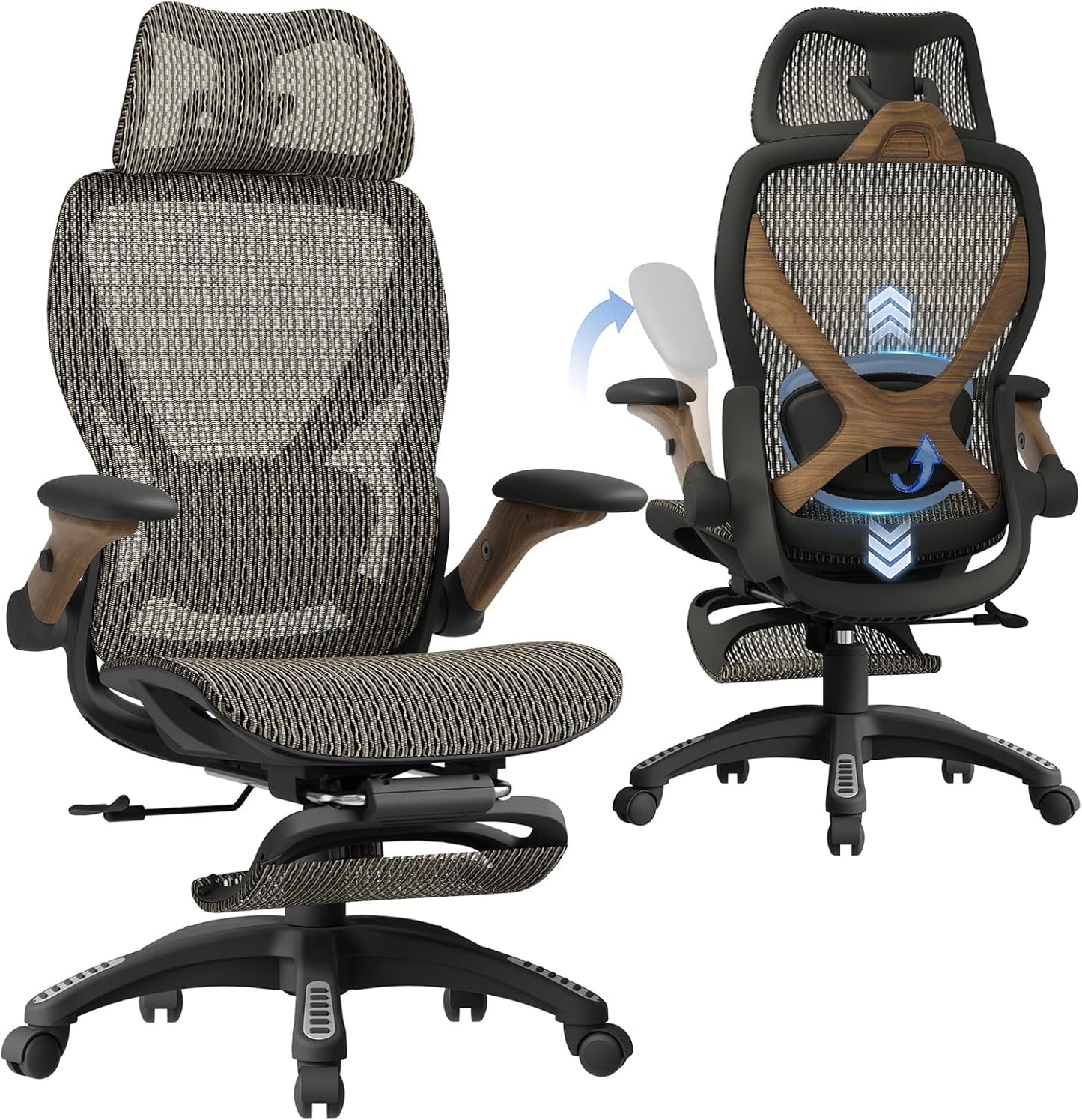 ELABEST X100 Ergonomic Office Chair with Footrest, Big and Tall Home Desk Chair with 5D Flip-Up Arms, Adjustable 9D Lumbar Support,High Back Rolling Computer Chair, Swivel Mesh Chairs (Coffee Break)