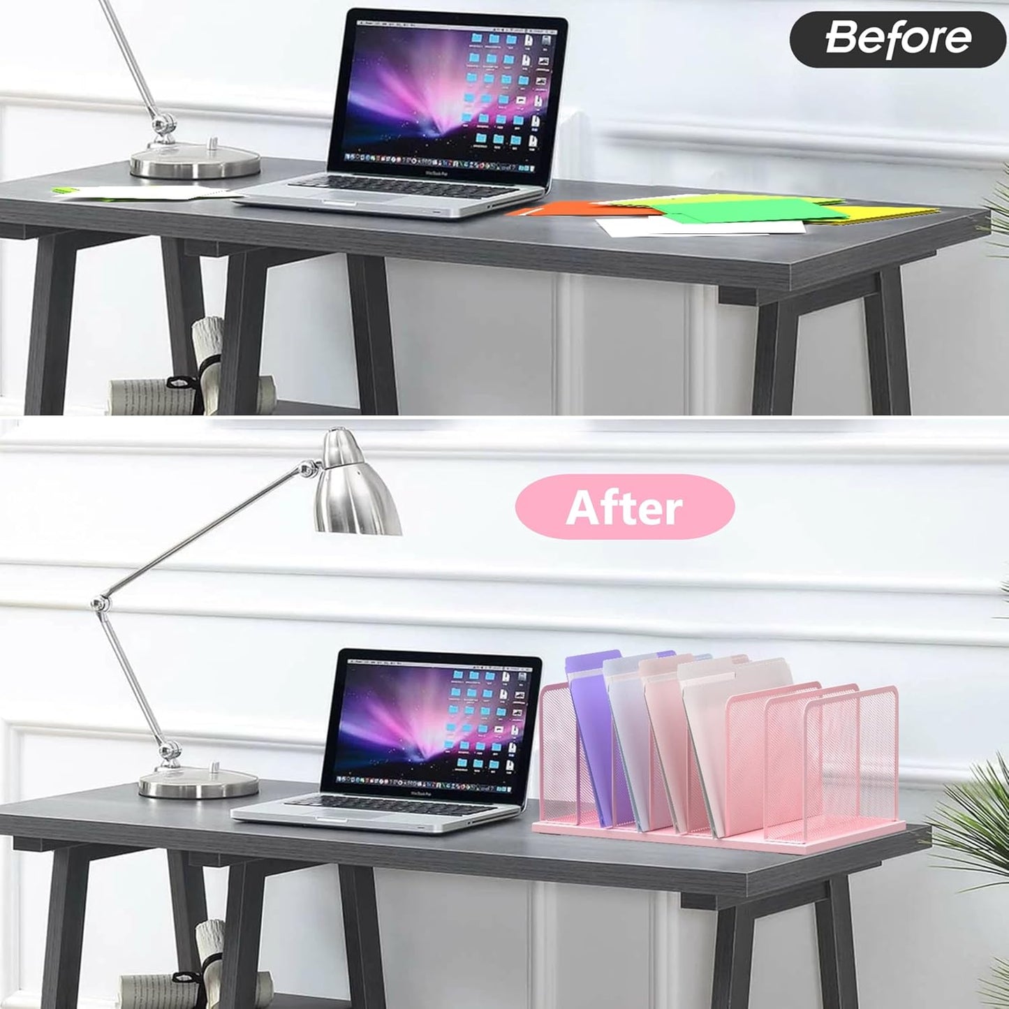 Kuntine.B Desk File Organizer Upright Mesh Desktop Organizer File Sorter Office Organization File Holder for Home, Office & Classroom (Pink, 1 Pack 7-Section)