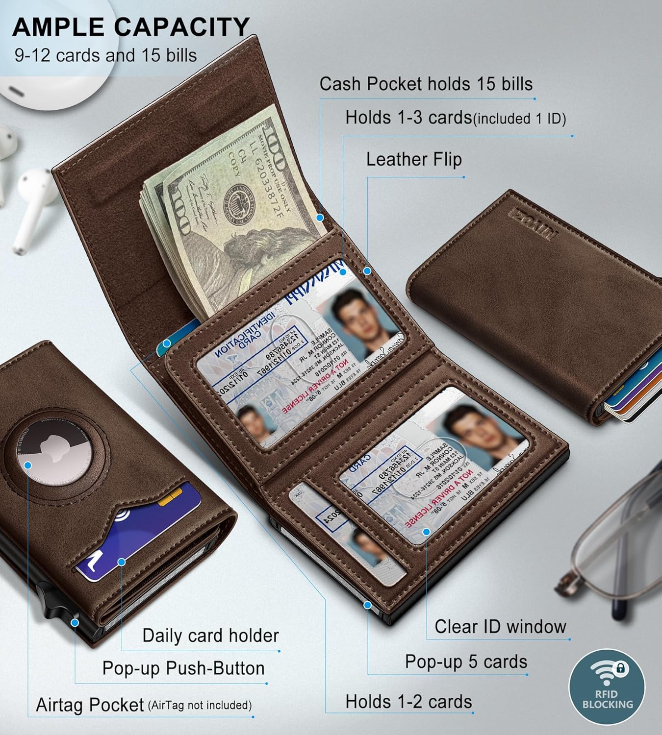Airtag Wallet for Men,with Cash Pocket 2 ID Window 9-12 Cards,Metal Case Smart Slim Pop Up Credit Card Holder Flip with Magnetic Closure RFID Blocking Trifold wallet with Gift Box