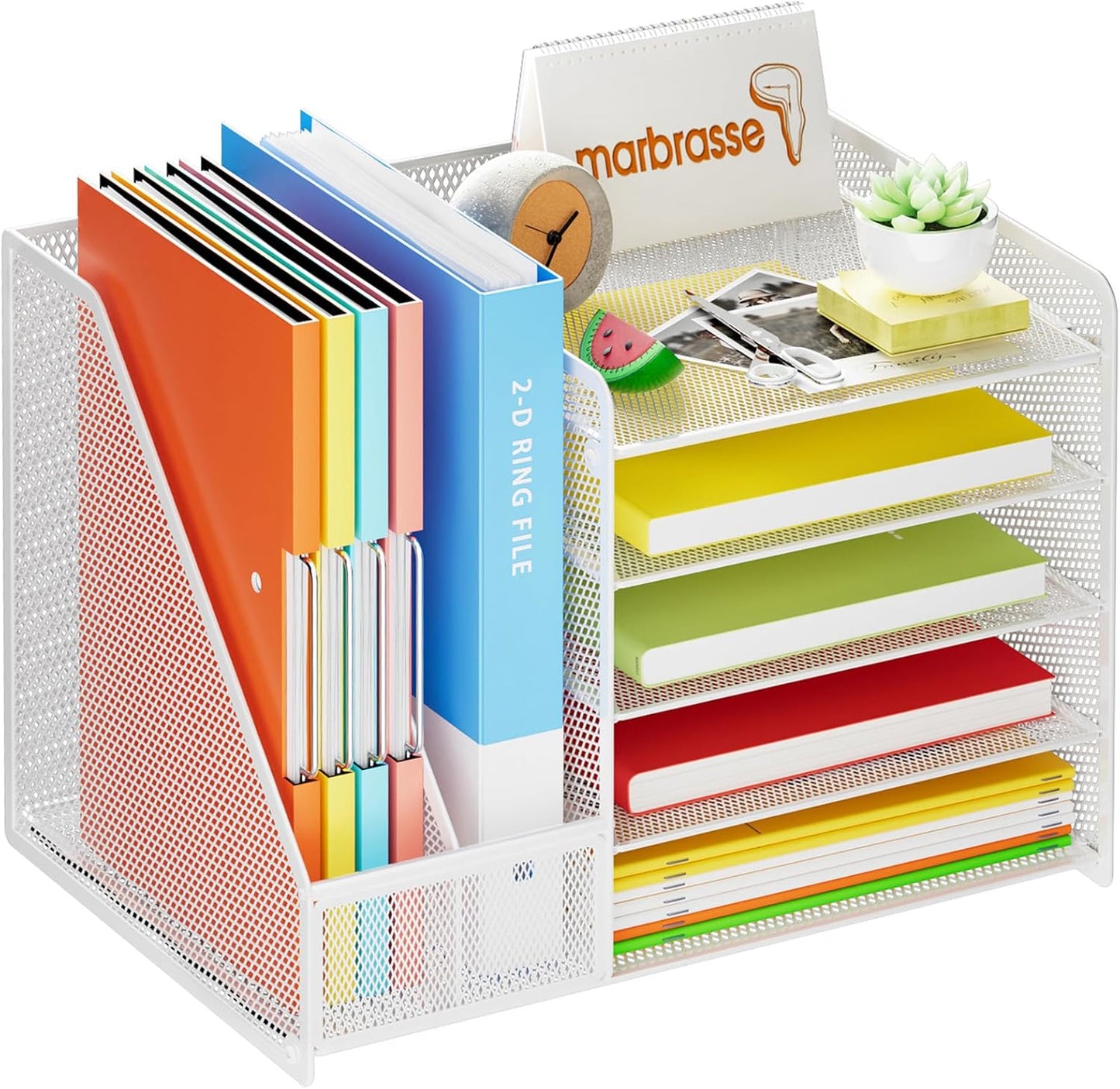 Marbrasse Desk Organizer with File Holder, 5-Tier Paper Letter Tray, Mesh Desk Organizers and Accessories with Magazine Holder, Desktop Organizer and Storage for Office Supplies (White)