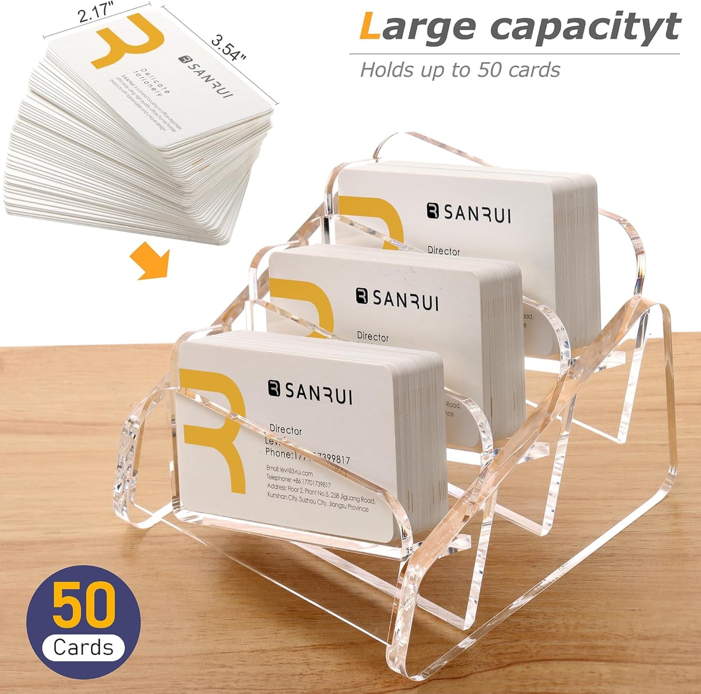 SANRUI Acrylic Business Card Holder for Desk, 3 Tier Clear Tilt Business Name Card Display Holders Stand Storage Organizer Fits 180 Business Cards (Horizontal, 3-Slot)