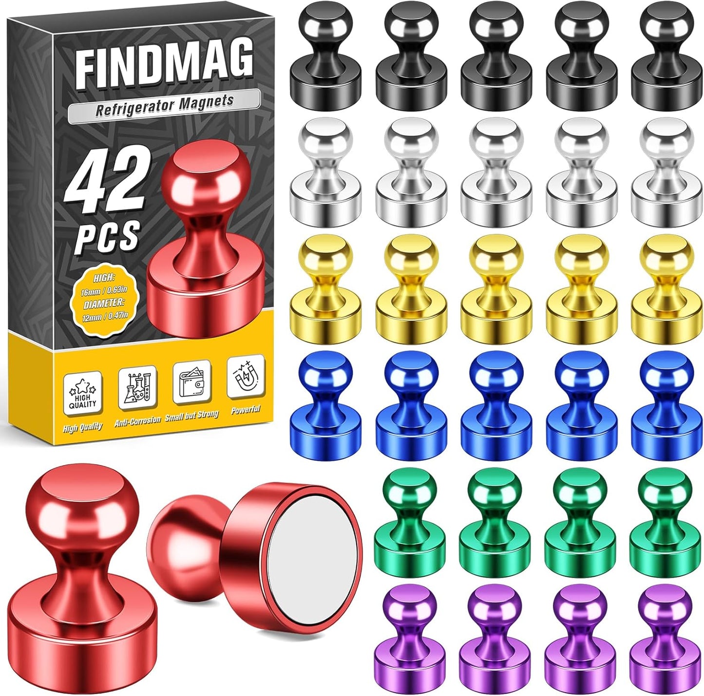 FINDMAG Strong Magnets for Refrigerator, 42 Pack Neodymium Magnets for Whiteboard, Magnetic Push Pins for Dry Erase Board, Locker Accessories, Map, Adults (Colorful)
