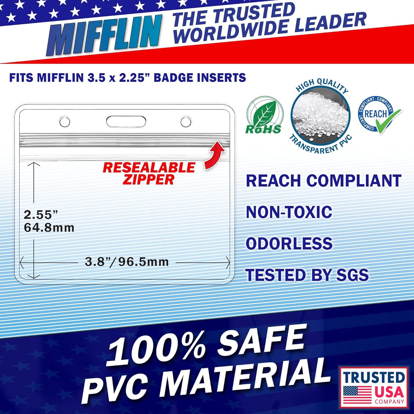 Mifflin-USA Horizontal Plastic Card Holder with Metal Clip and Vinyl Straps (Clear, 3.5x2.25 Inch, 250 Pack), Waterproof PVC ID Name Badge Holder with Clip