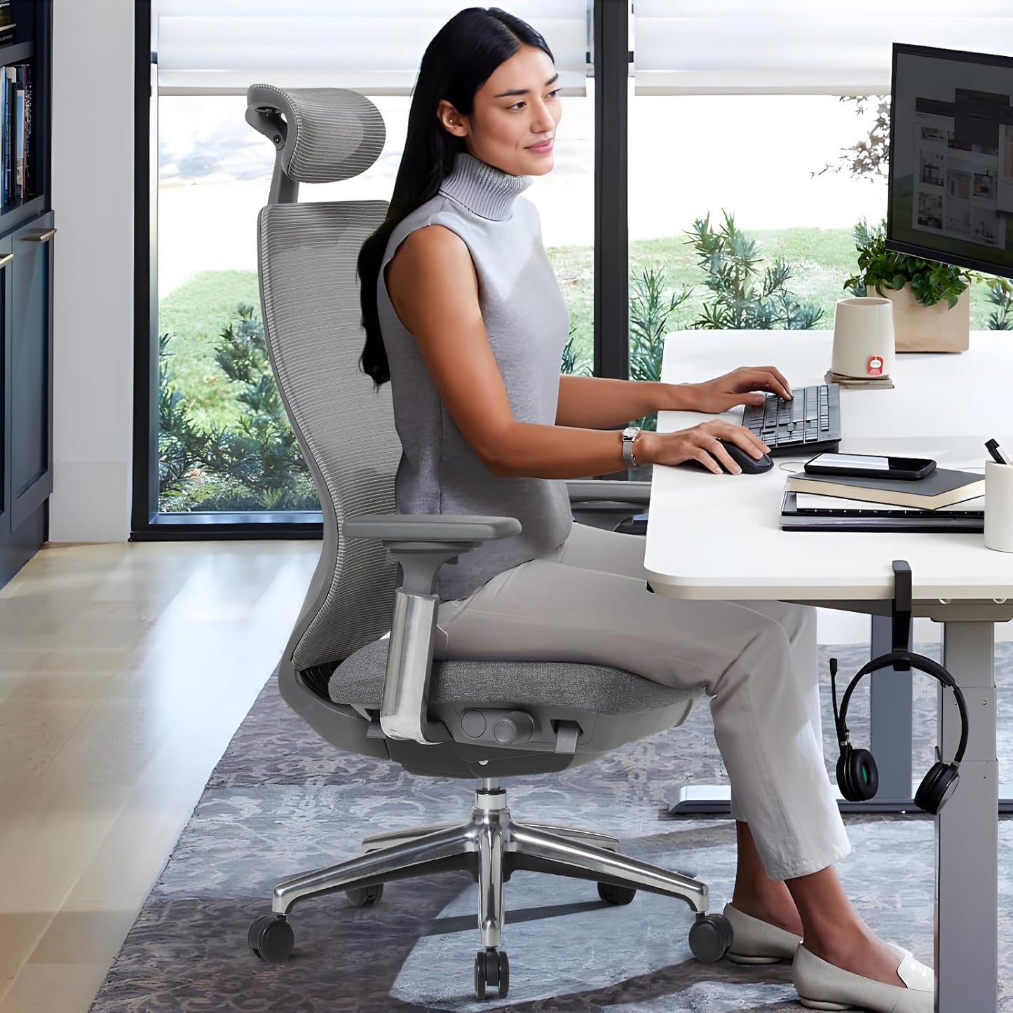 COLAMY Ergonomic Mesh Office Chair, High Back Office Chair, Computer Executive Desk Chair with Lumbar Support,Adjustable Headrest and 4D Arms, Slide Seat, Tilt Lock-Darkgrey New