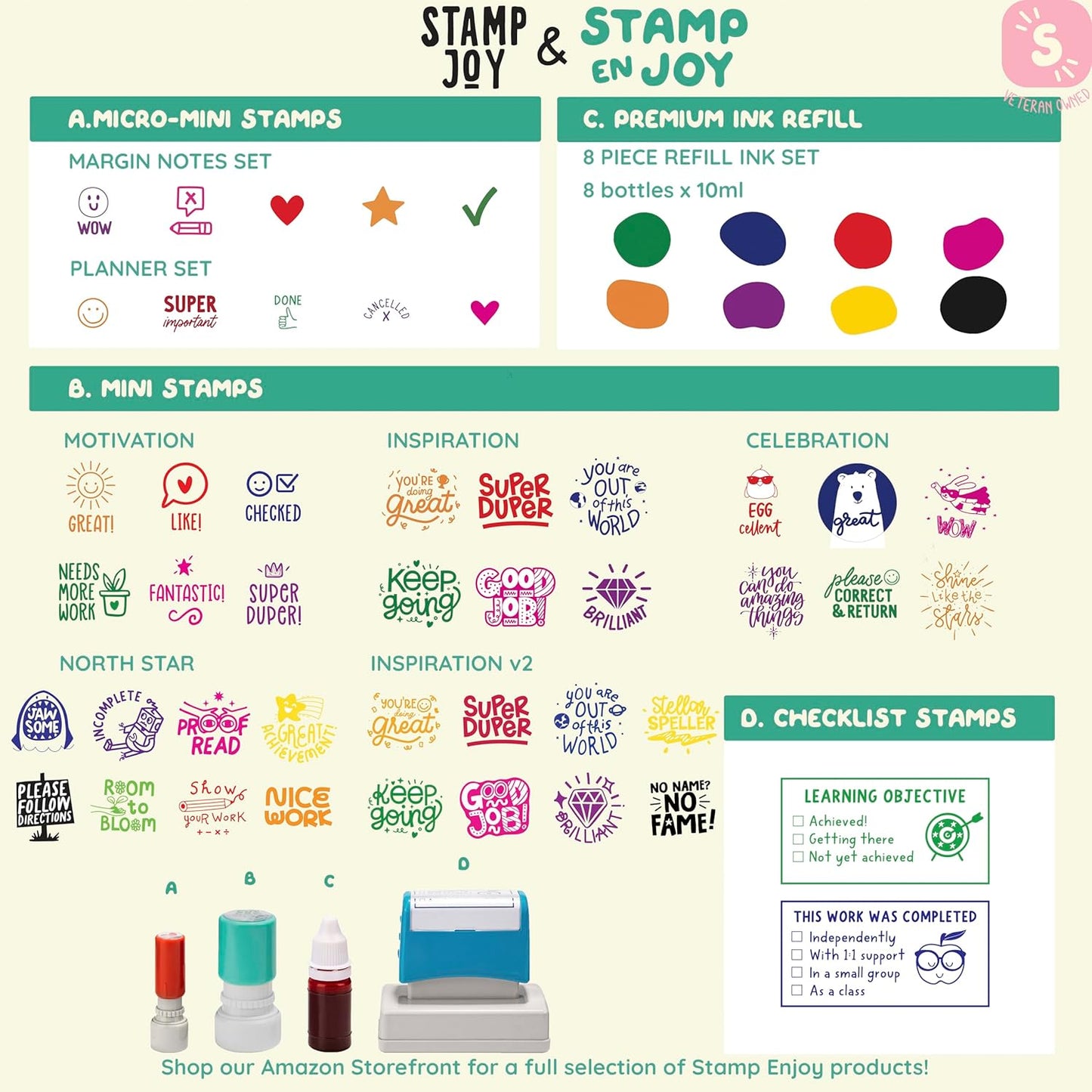 8 Self-Ink Flash Stamp Set, Multicolor Teacher Stamps for Classroom, Pre-Inked, Refillable Stamps (North Star Set)