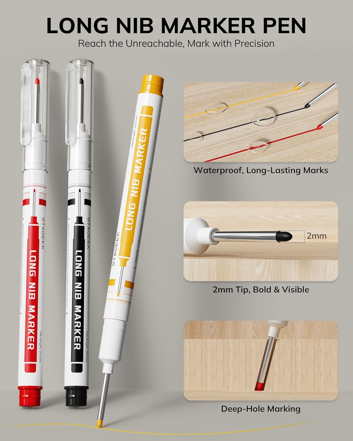 3PCS Carpenter Pencils with Sharpener, Heavy Duty Woodworking Tools, Mechanical Pencil Set with 39 Refills, Deep Hole Long Nib Marker Pens for Architect Marking with Case (Red, Black, Yellow)