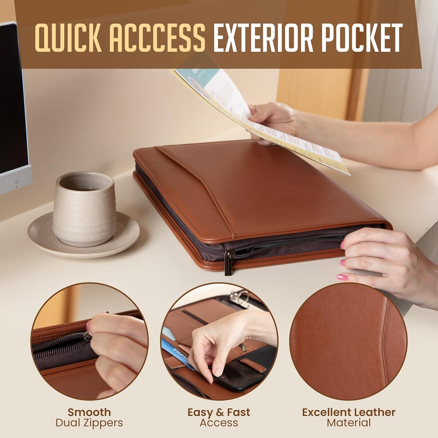 STYLIO Zipper Portfolio | Padfolio 3 Ring Binder and Clipboard Folio (Removable) | Portfolio Organizer for Documents, Tablet, Phone |Faux Leather Binder for Men and Women | Tan (Brown) Color
