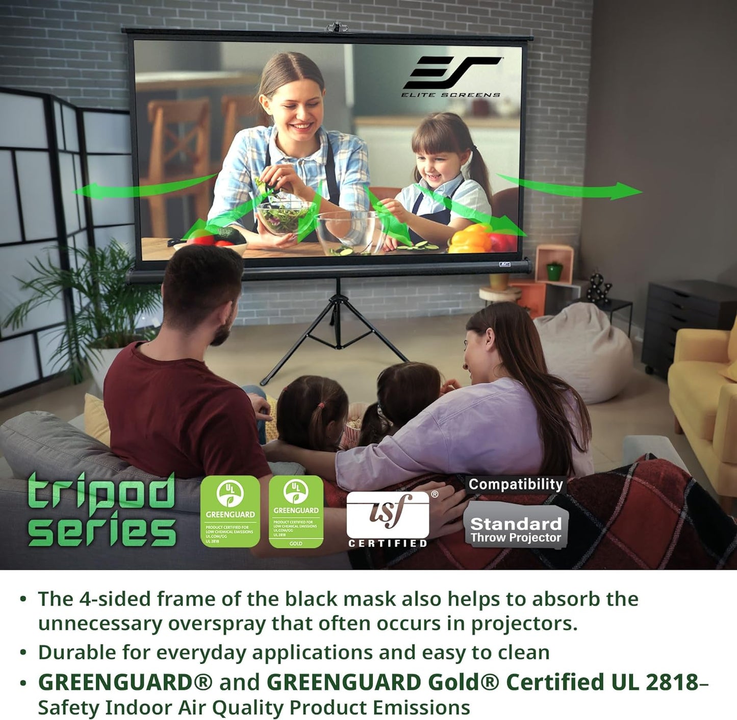 Elite Screens Tripod, 100-Inch 16:9 Portable Projector Screen with Stand– MaxWhite 2, 1.1 Gain, Adjustable Indoor Outdoor Pull Up Projection Screen for Home Theater, Office & Classroom, T100UWH, Black