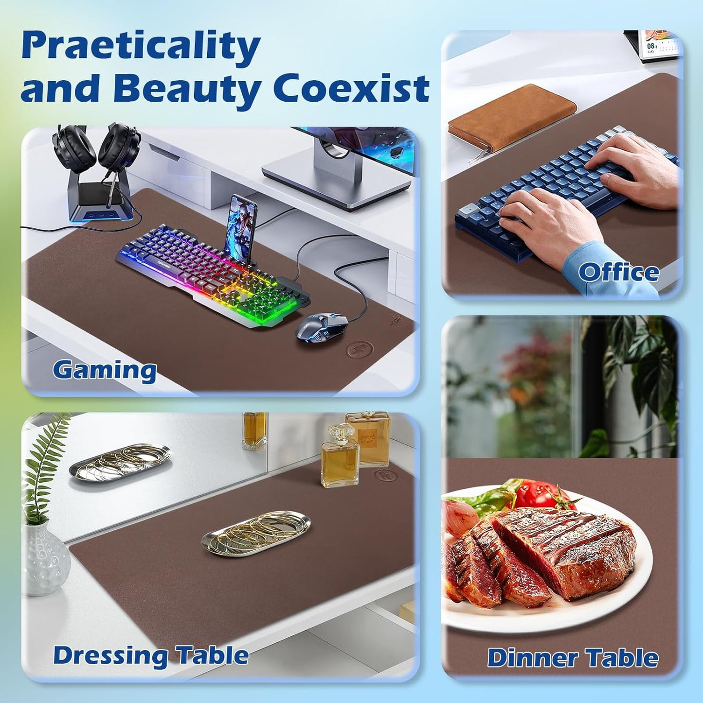 Wireless Charging Desk Mat with Desk Pad for Desktop Charging Large Mouse Pad Waterproof Leather Computer Mat Mouse Pad Non-Slip Protector on Top of Desks for Keyboard and Mouse (brown-r, 32*16inch)