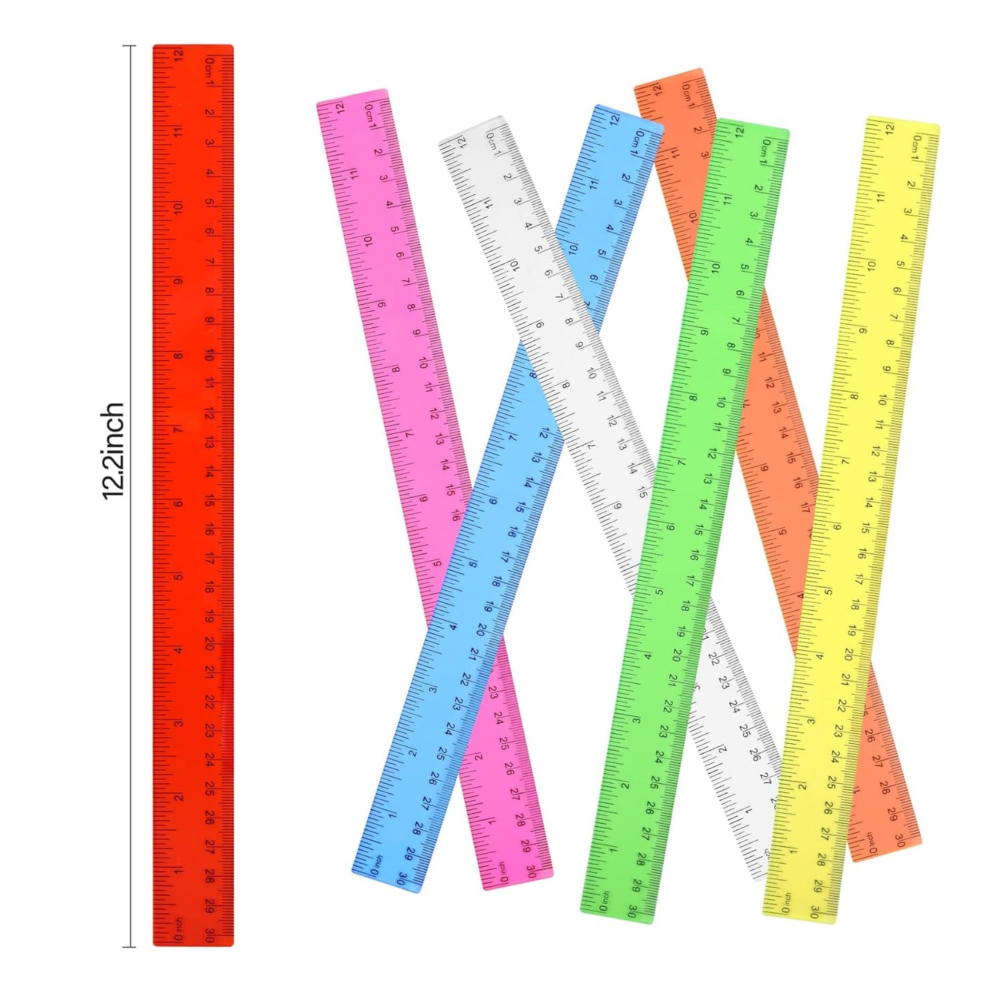 Clear Plastic Straight Ruler, 12 Inch, Bulk Assorted Colors, Shatterproof with Inches and Centimeters for School, Home, or Office (8 Pack)