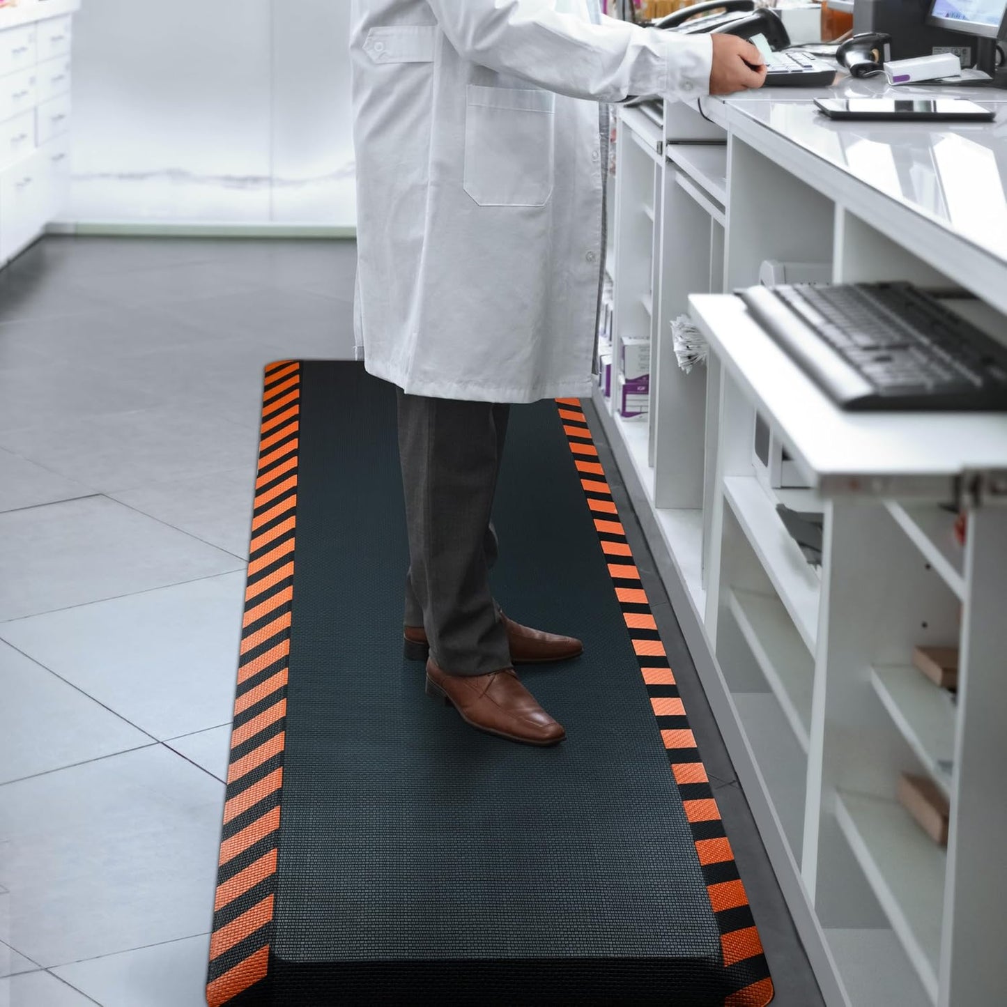 FEATOL Anti Fatigue Mat Industrial, Ergonomic Standing Floor Mat for Work for Stand, Black with Orange Border Safety 20" x 59"-Support for Leg & Back Pain