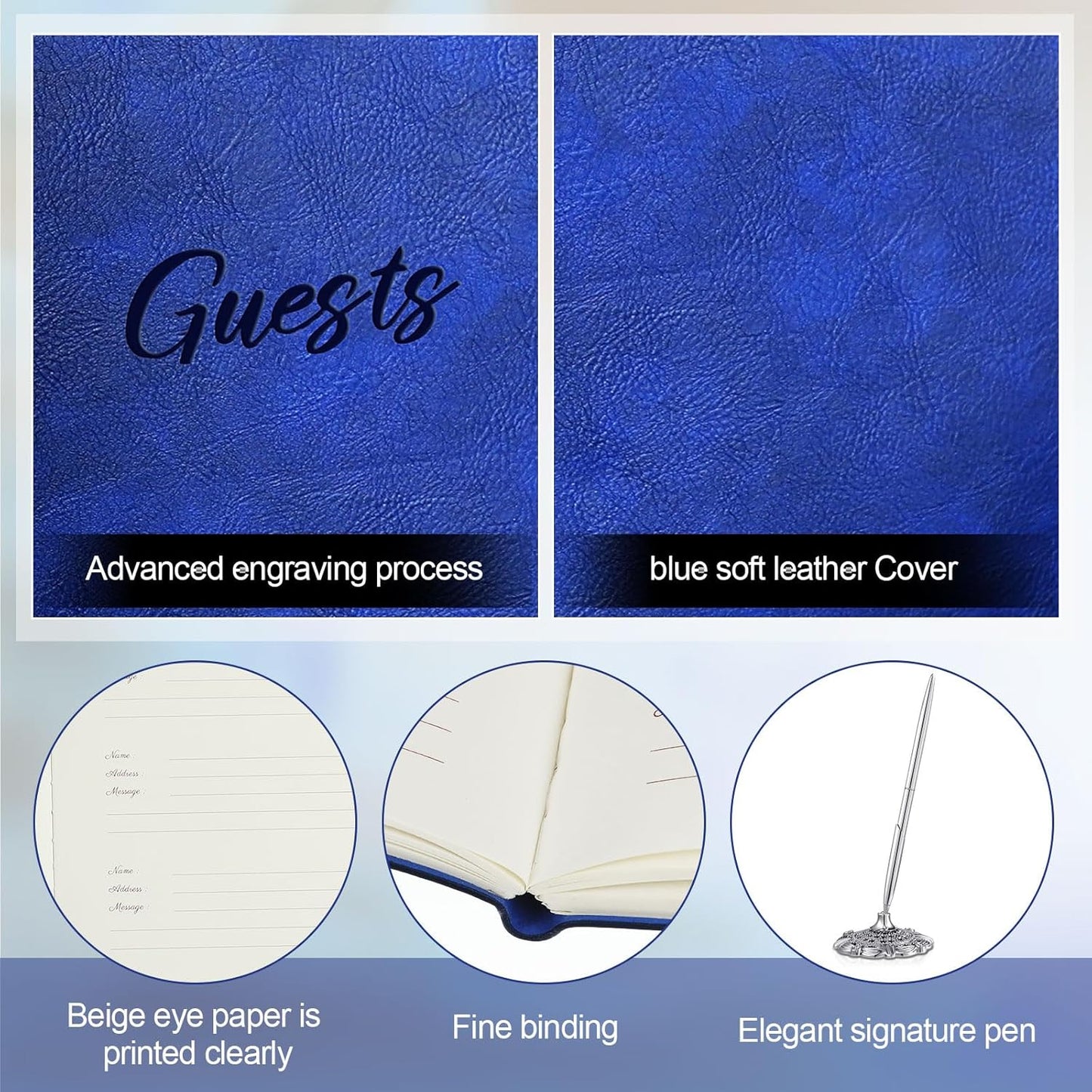 Leather Guest Book and Pen Stand Set, 10.5" x 8" Embossed Guests Sign in Book Registry Book for Funeral, Wedding Reception, Vacation Homes and Events, 80 Sheets (Blue)
