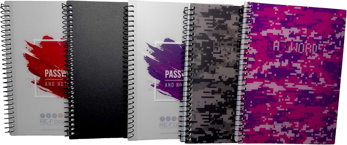 RE-FOCUS THE CREATIVE OFFICE, Password Book Keeper, Black, Small, Mini, Alphabetical Tabs, Spiral Bound, Removable Sheets, Journal Organizer, Includes, Website, Address, Username, Password