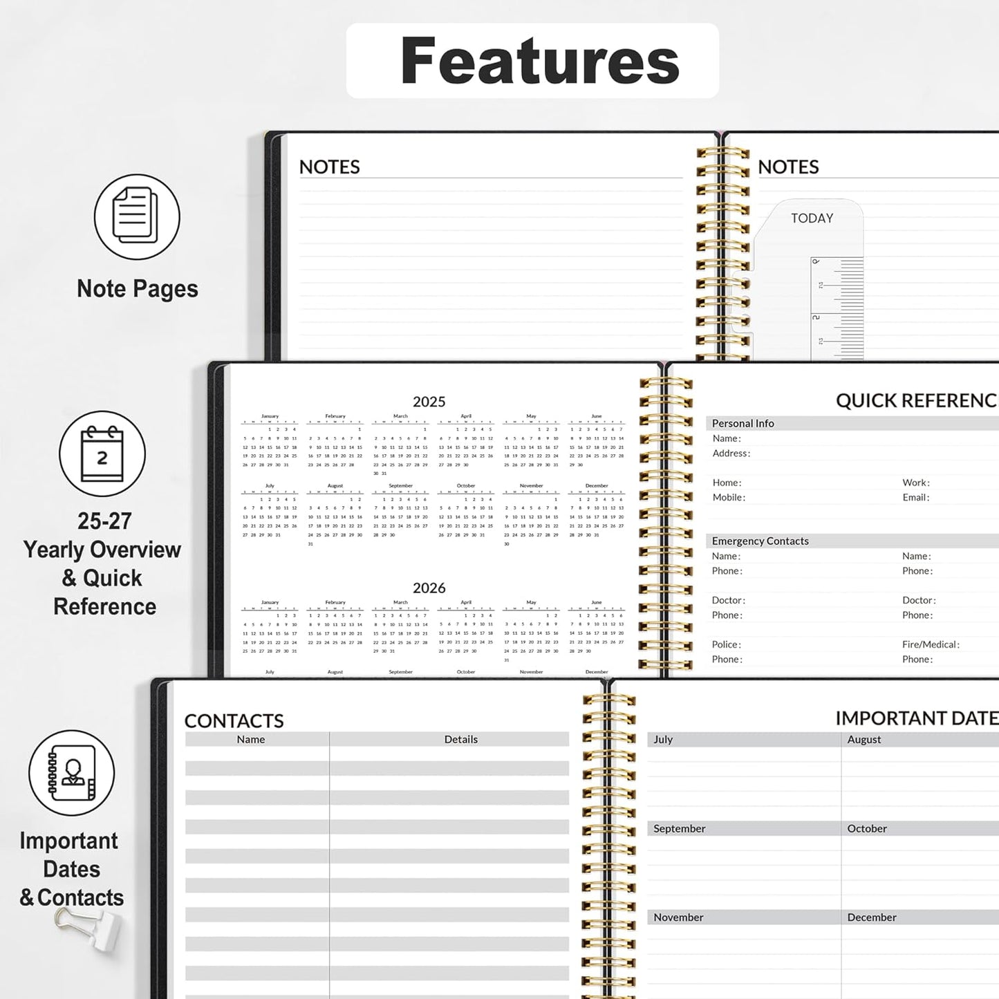 SUNEE 2025-2026 Appointment Book, Quarter-Hourly, Weekly & Monthly - from July 2025 to June 2026, 8.5"x11" Academic Planner, Flexible Cover, Note Pages, Bookmark, Spiral Binding, Black