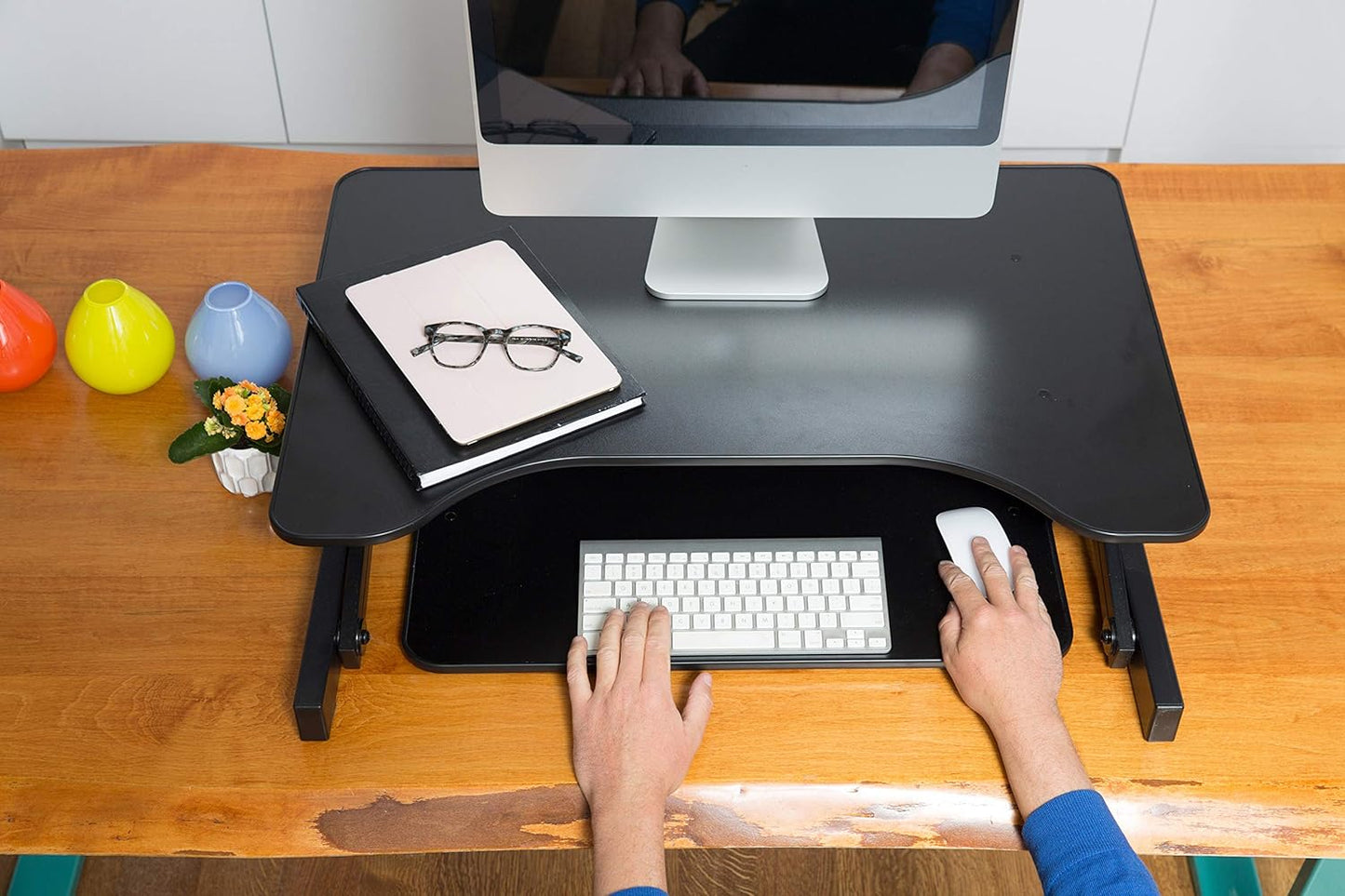 Rocelco 32" Height Adjustable Standing Desk Converter - Slide Out Retractable Keyboard Tray - Sit Stand Up Double Monitor Riser - Dual Piston Lift Assist Tabletop Computer Workstation - Black (R ADRB)