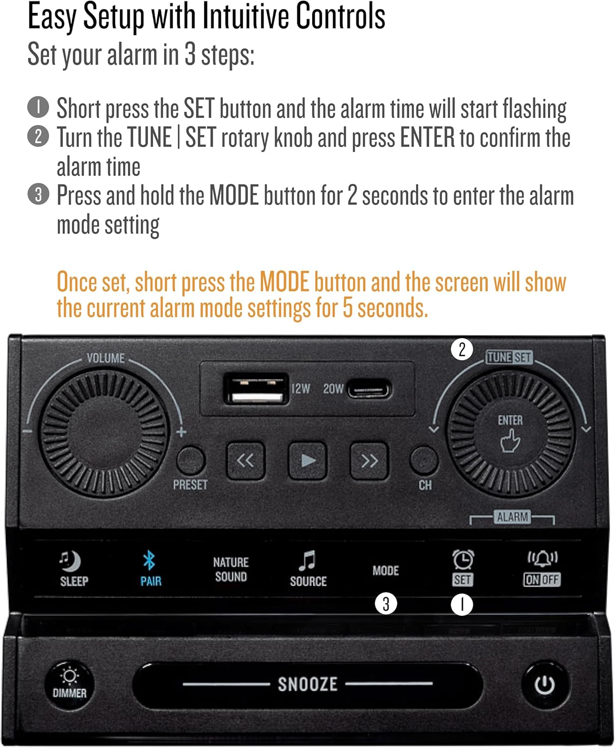 Sound Rise II, SFQ-16: Bedside Alarm Clock Radio & Bluetooth Speaker, with Large Display Screen, FM Radio, Fast USB Charging, and Nature Sound
