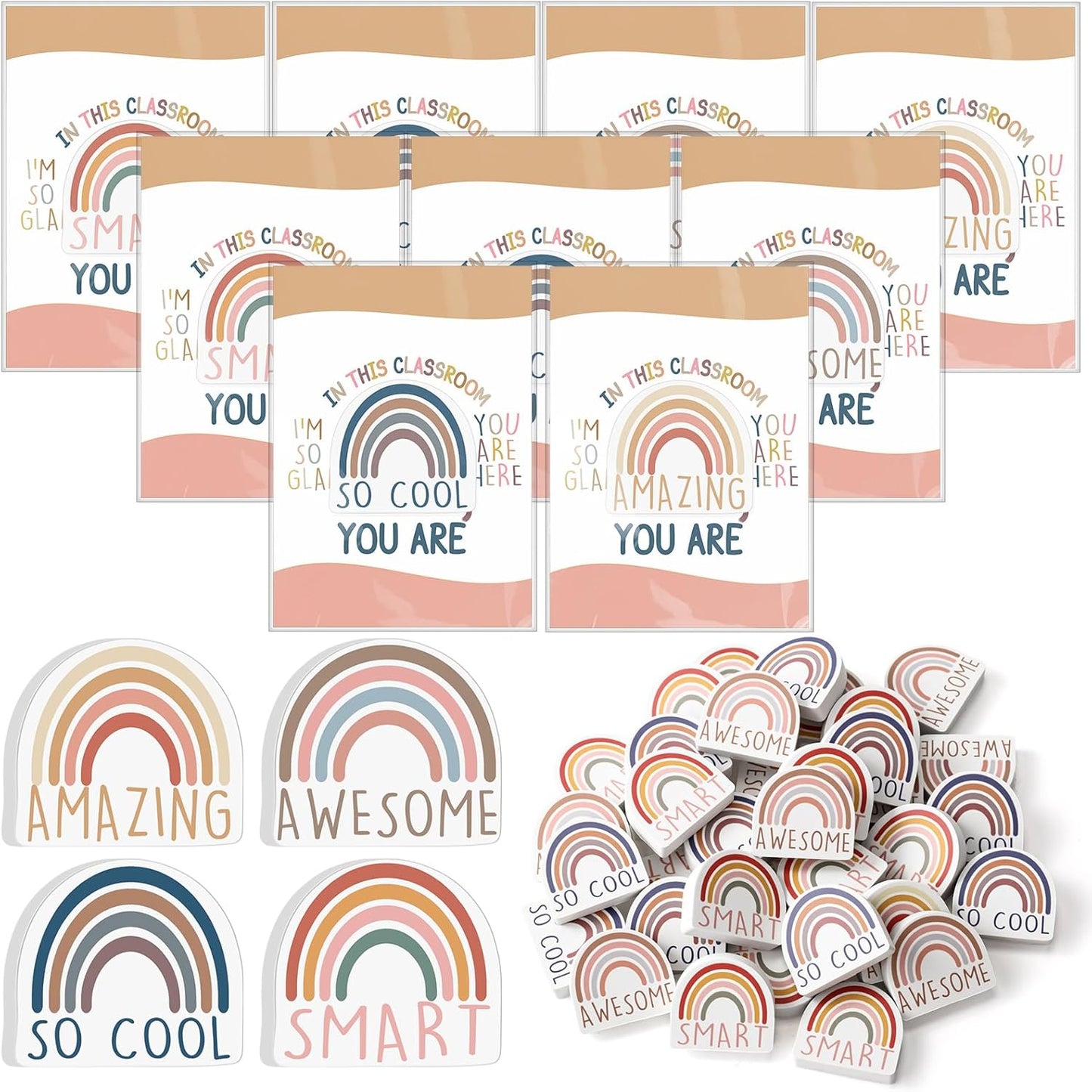 80 Sets Back to School Gifts for Students Rainbow Erasers Bulk with Greeting Cards 3D Novelty Desk Erasers for Kids Birthday Party Favors Classroom Rewards