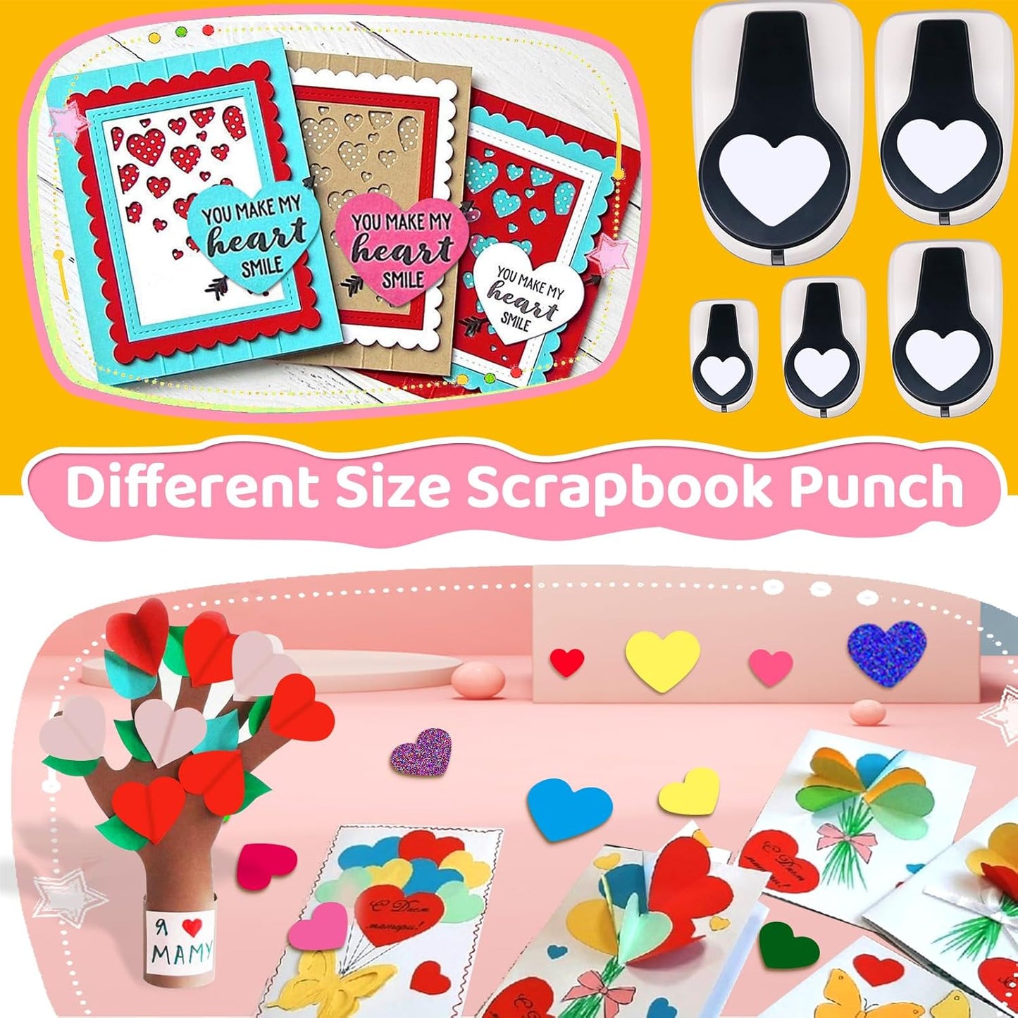 Heart Hole Puncher for Crafts, Heart Paper Cutter, Hearts Paper Punch, Hearts Shaped Puncher, Craft Punches for Card Making, 3/8 in, 5/8 in, 1 in, 1.5 in, 2 inch Scrapbooking Punch - 5 Pcs