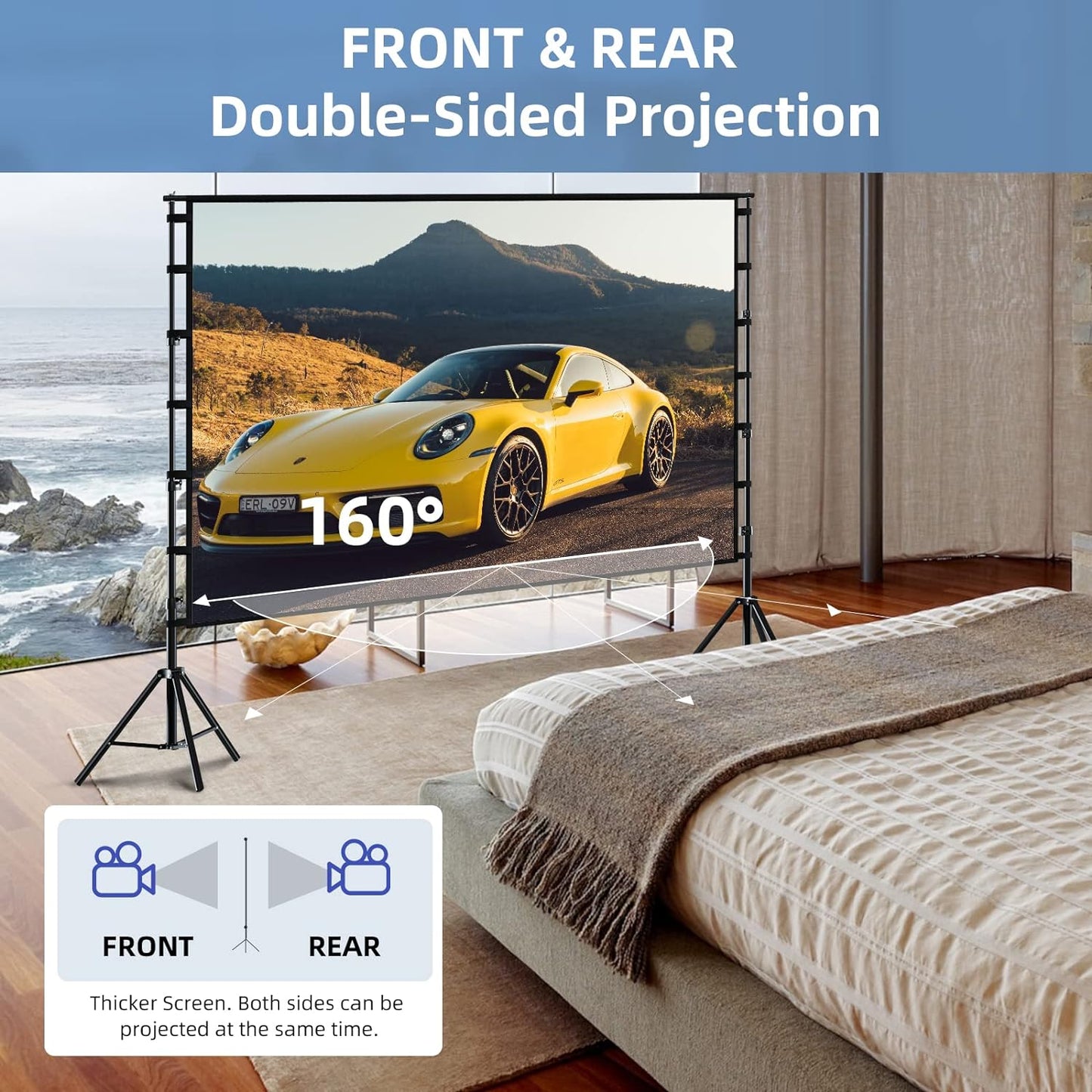TOWOND Projector Screen and Stand, 150 inch Indoor Outdoor Projection Screen, Portable 16:9 4K HD Rear Front Movie Screen with Carry Bag Wrinkle-Free Design for Home Theater Backyard Cinema