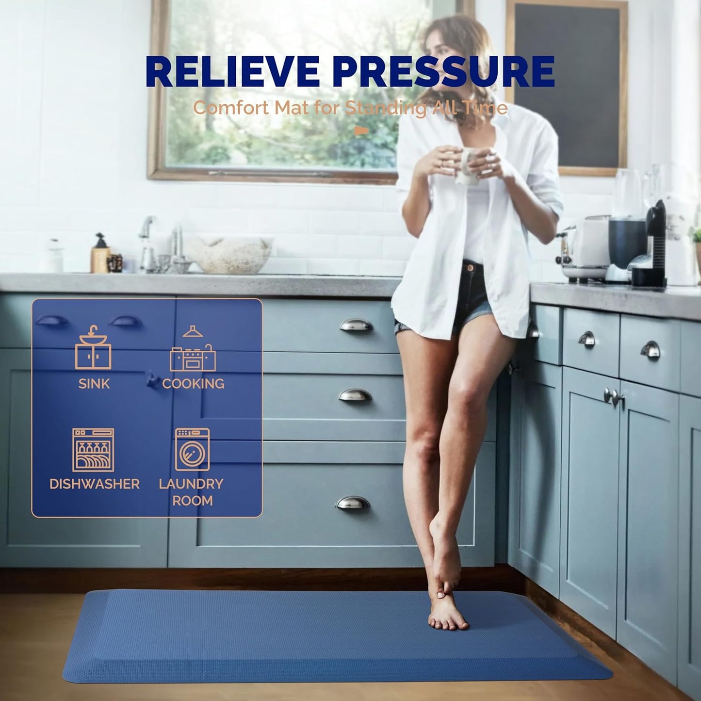 Anti Fatigue Mat Floor Kitchen Mat, FEATOL Standing Desk Mat Foam Cushioned Anti Fatigue Mats Comfort Standing Pad 9/10 Inch Thick (20" x 32", Blue)