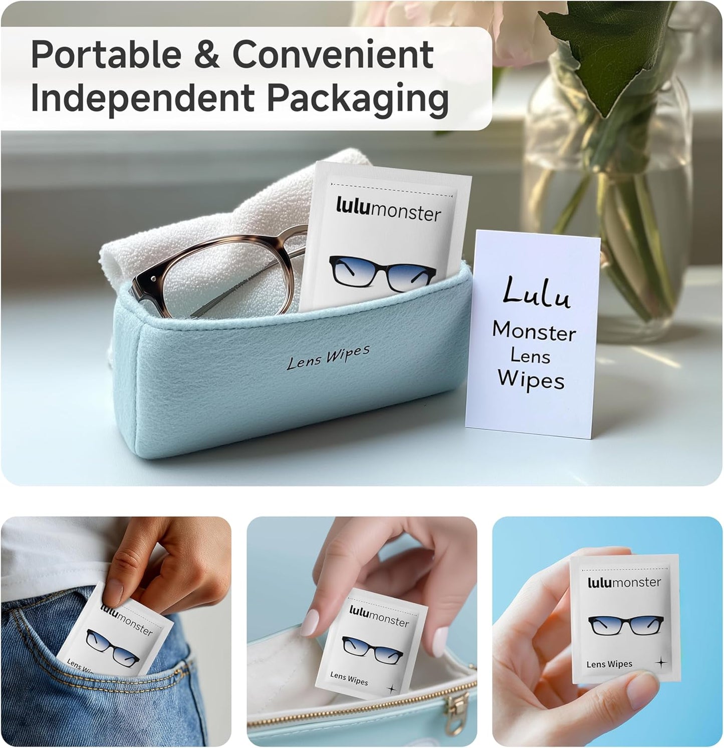 Anti Fog Lens Wipes for Eyeglasses Lulumonster, [150 Pre-Moistened Individually Wrapped Wipes] [Non-Scratching & Non-Streaking] Cleaner Wipes for Glasses, Sunglass, Phone Screen Camera Lens, Goggles