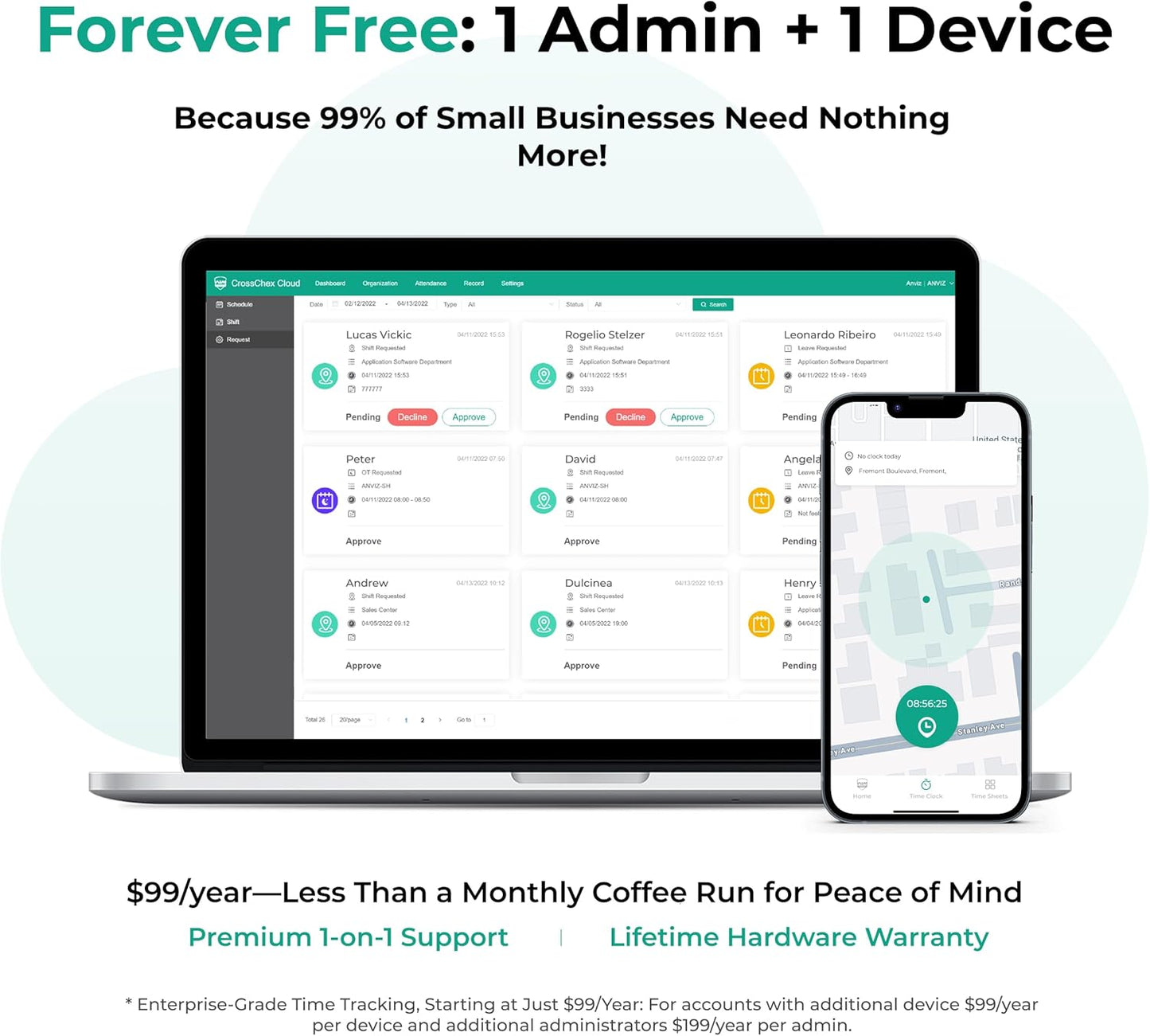 ANVIZ Time Clocks for Employees Small Business - CX5 Clock in and Out Machine - Face + RFID + Pin - Door Access - Biometric Electronic Punch Machine - Forever Free Cloud Software